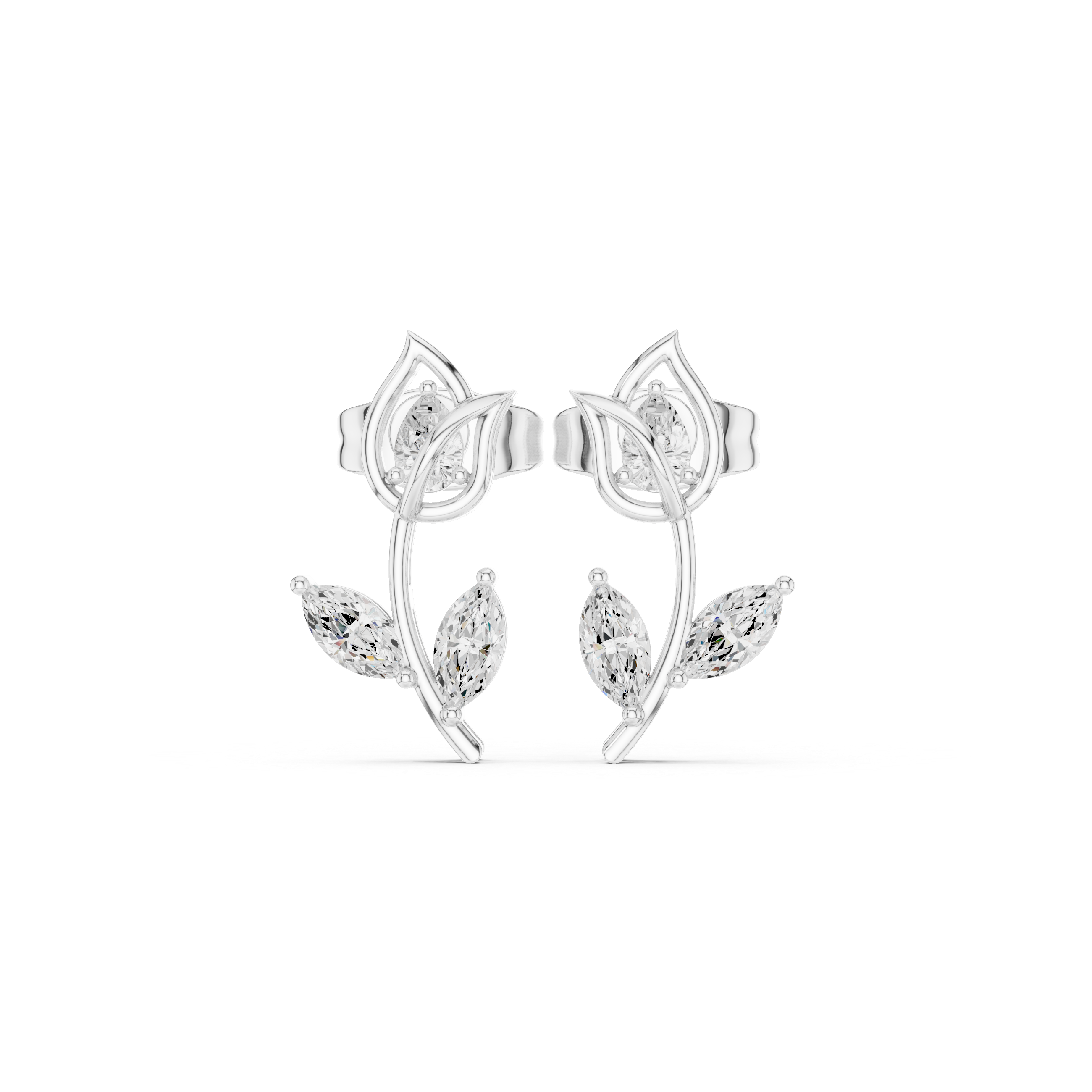 Minimalist Leaf Motif Marquise & Pear Diamond Stud Earrings