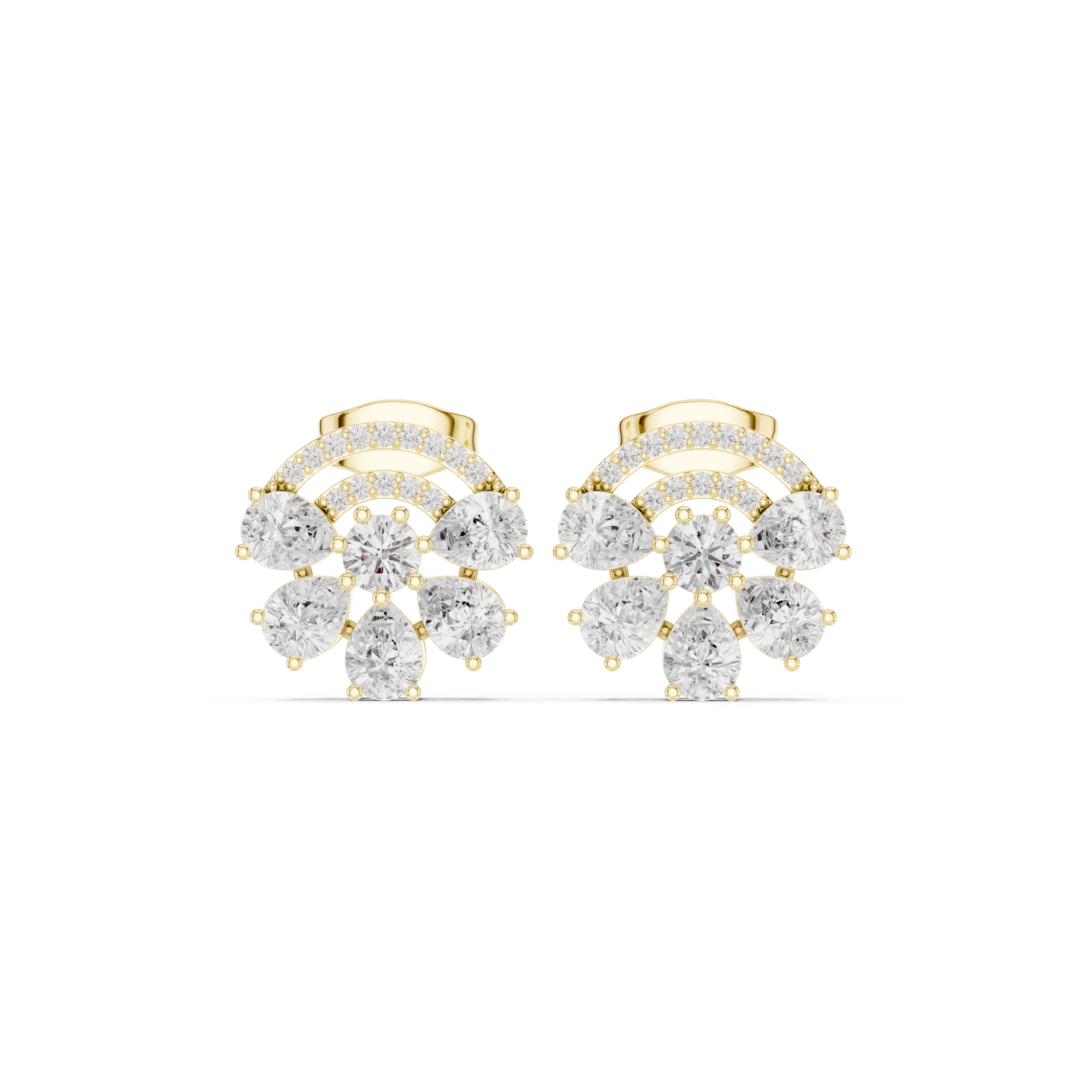 Fan Shape Diamond Cluster Stud Earrings with Double Pavé Arc