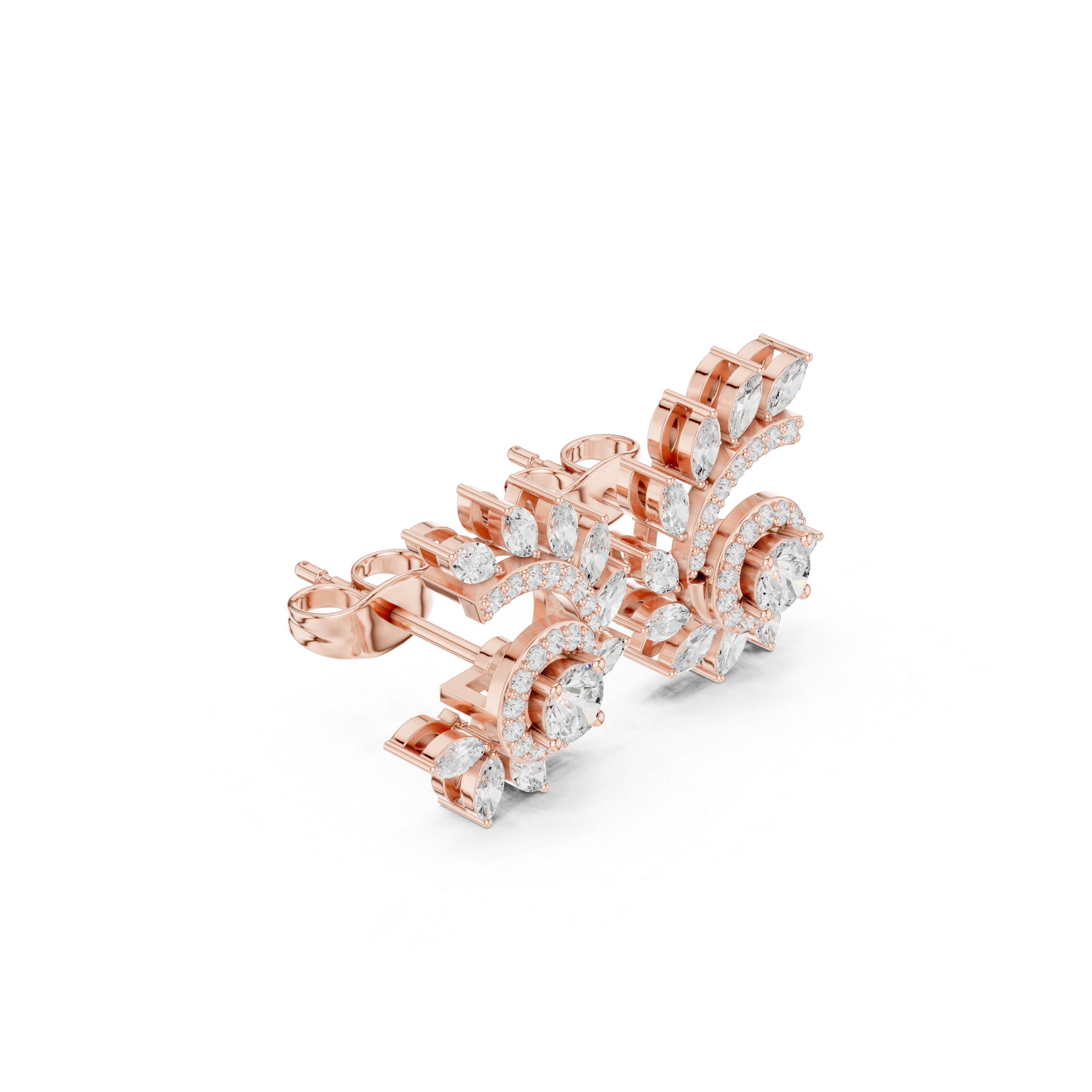 Marquise & Round Diamond Spiral Floral Stud Earrings