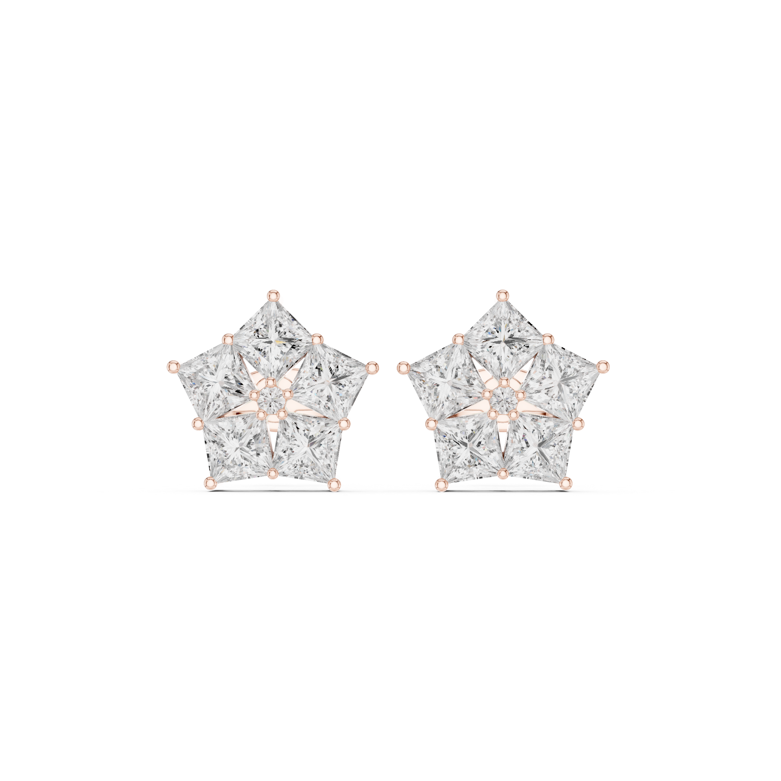 Pentagon Princess Cut Diamond Cluster Earrings