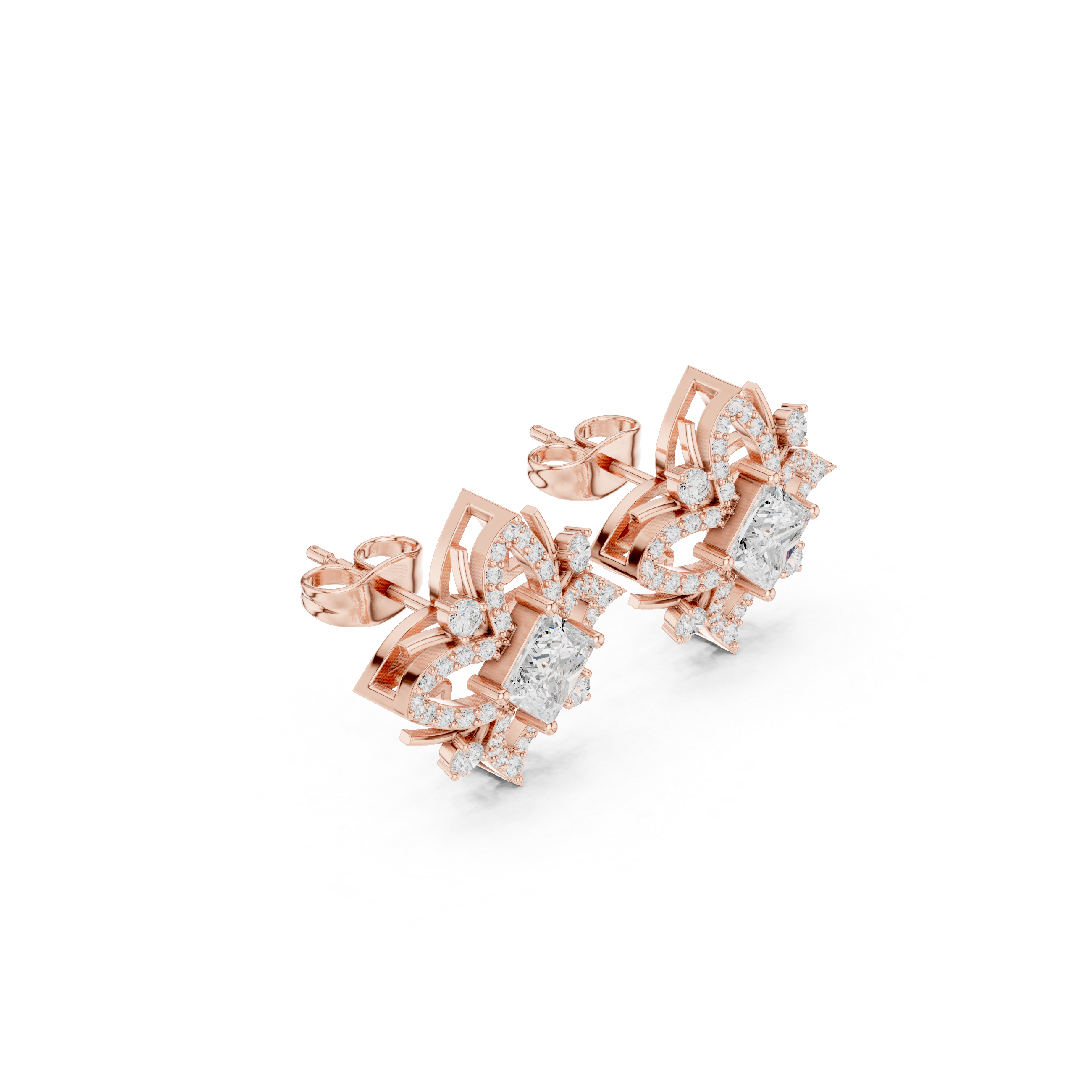 Floral Geometric Diamond Earrings with Princess Cut Center