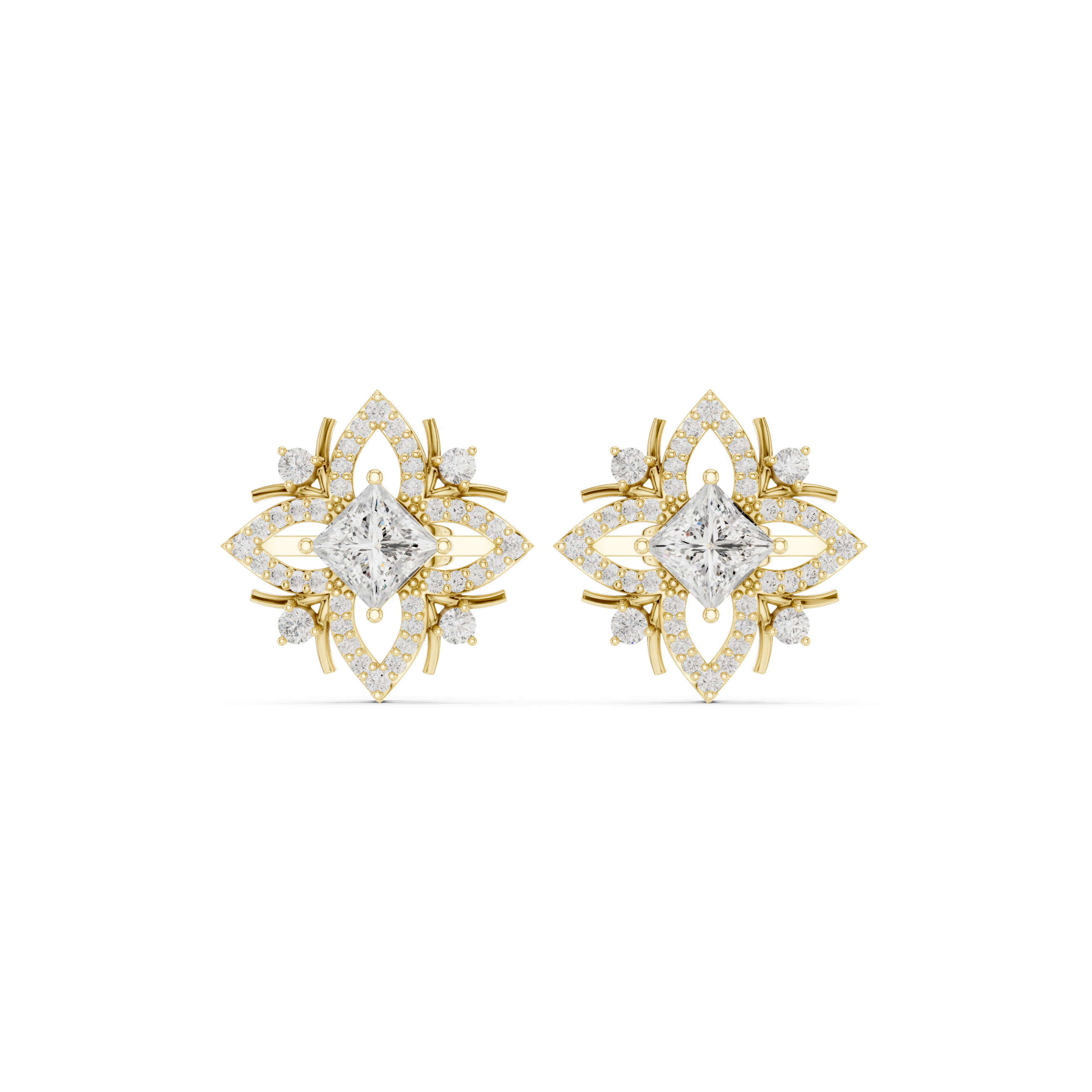 Floral Geometric Diamond Earrings with Princess Cut Center