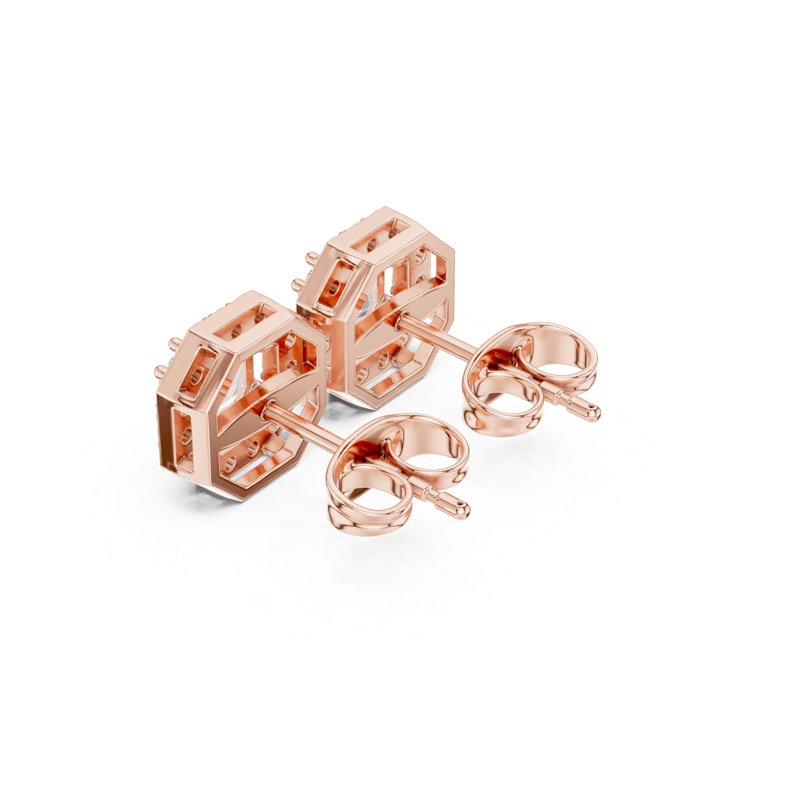 Octagon Halo Stud Earrings with Emerald Cut Center Stone
