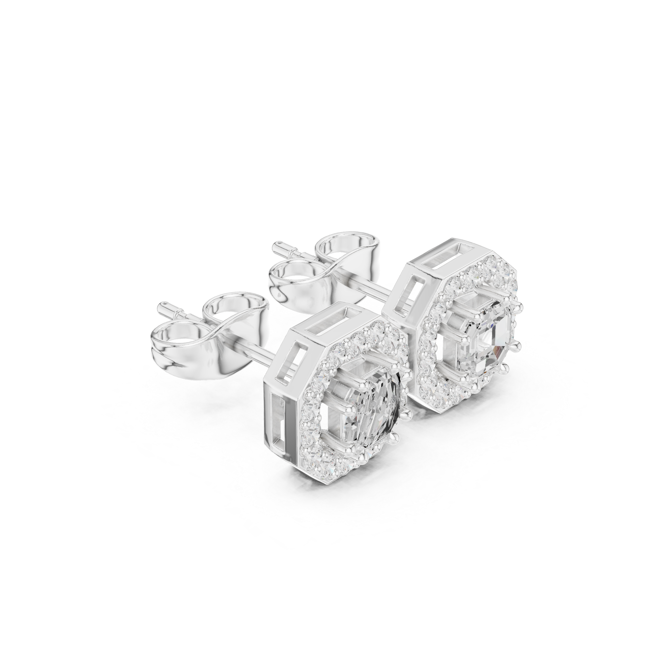 Octagon Halo Stud Earrings with Emerald Cut Center Stone