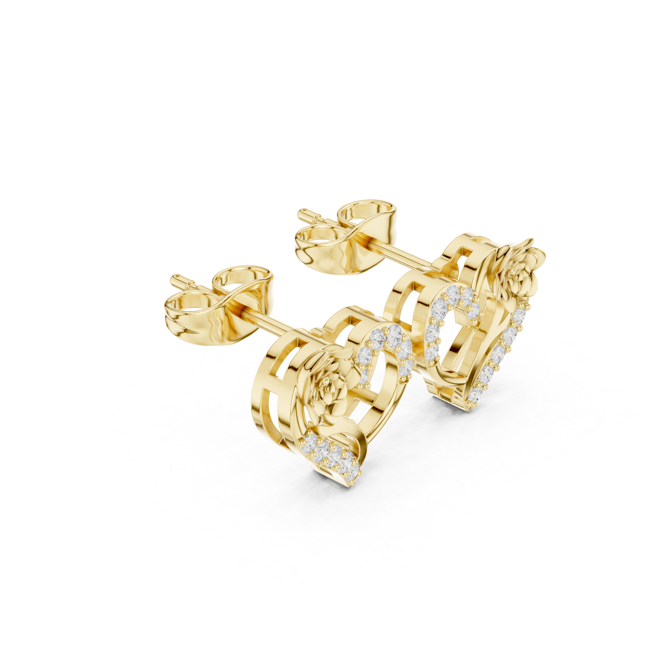 Heart-Shaped Diamond Earrings with 3D Rose Detail