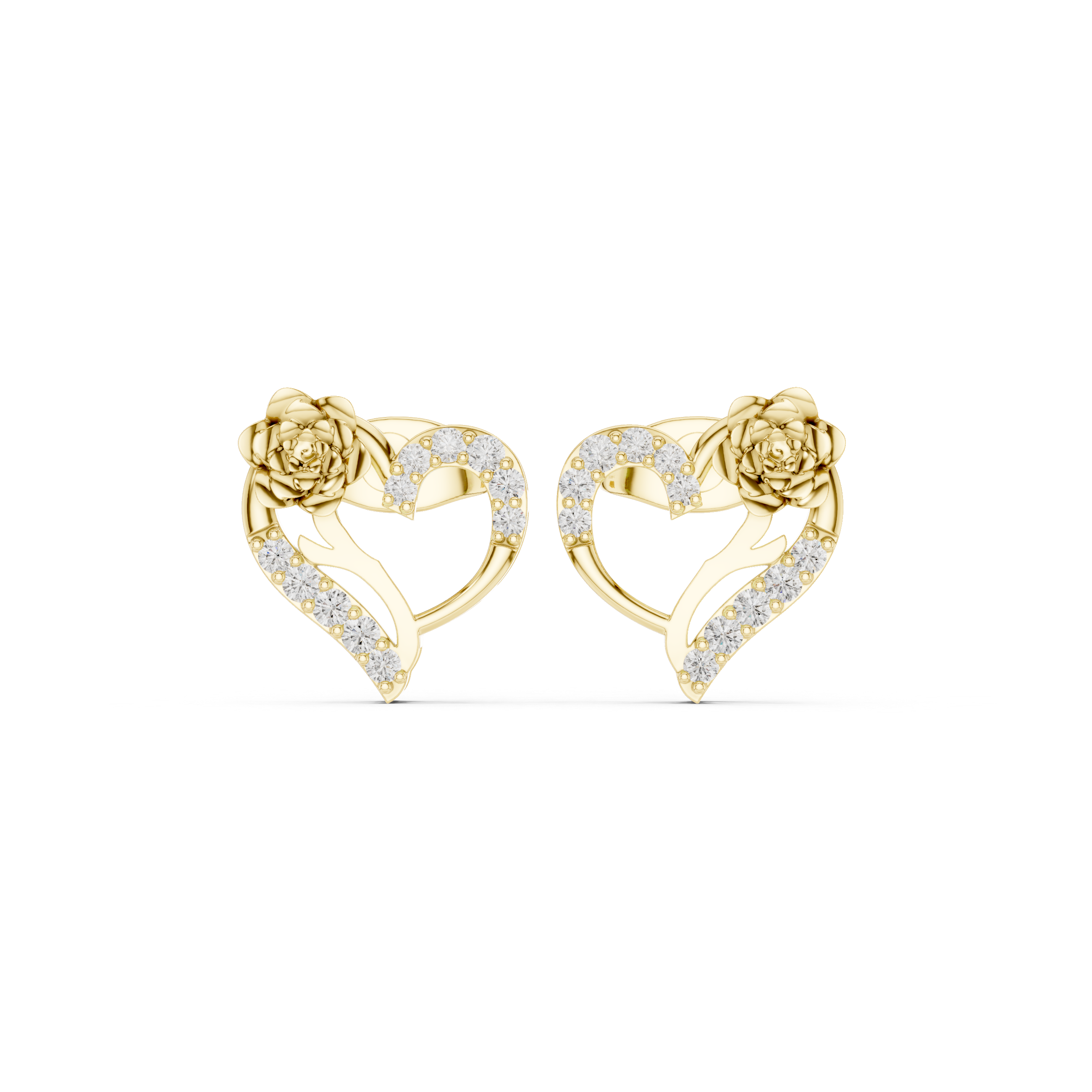Heart-Shaped Diamond Earrings with 3D Rose Detail