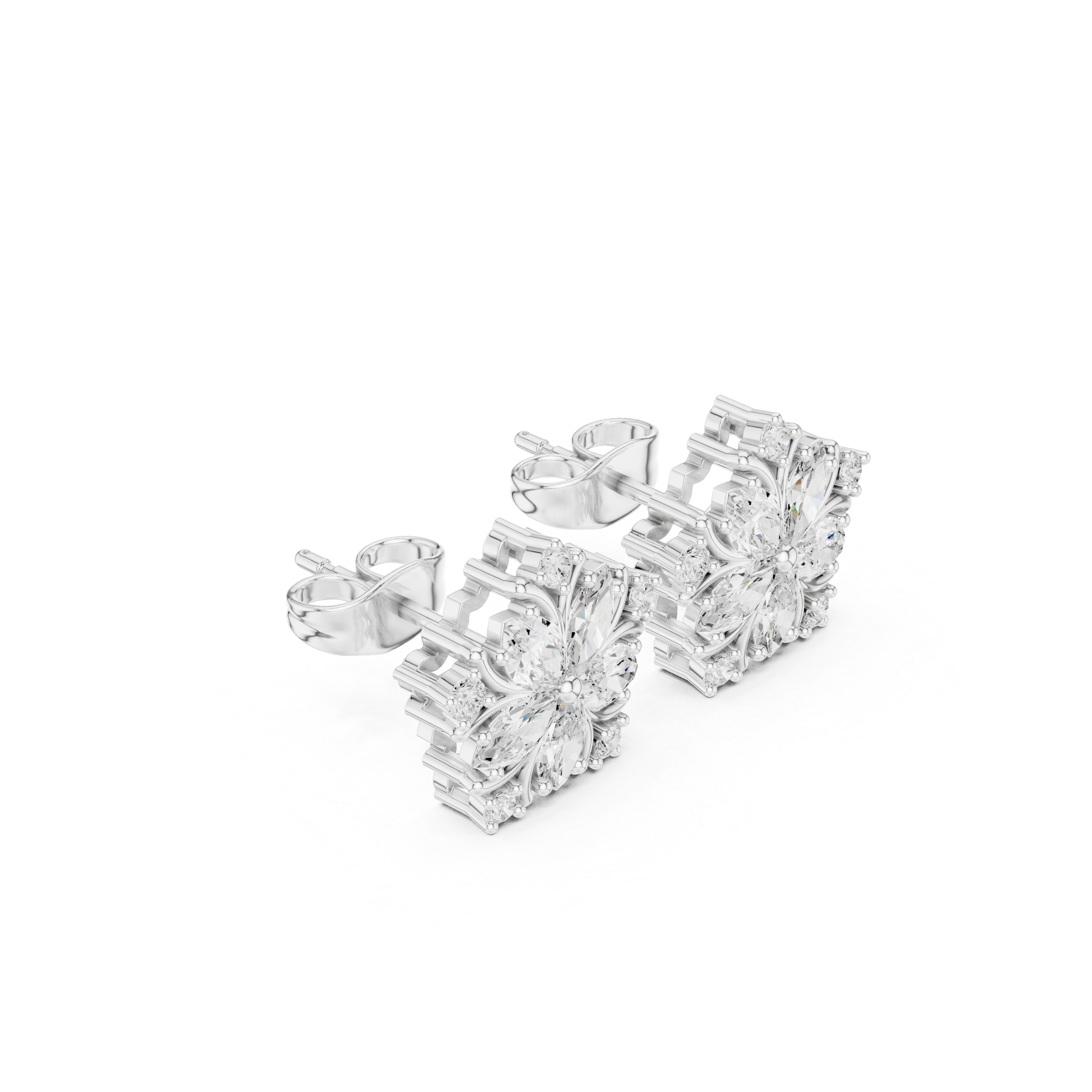 Marquise Cut Floral Diamond Cluster Stud Earrings