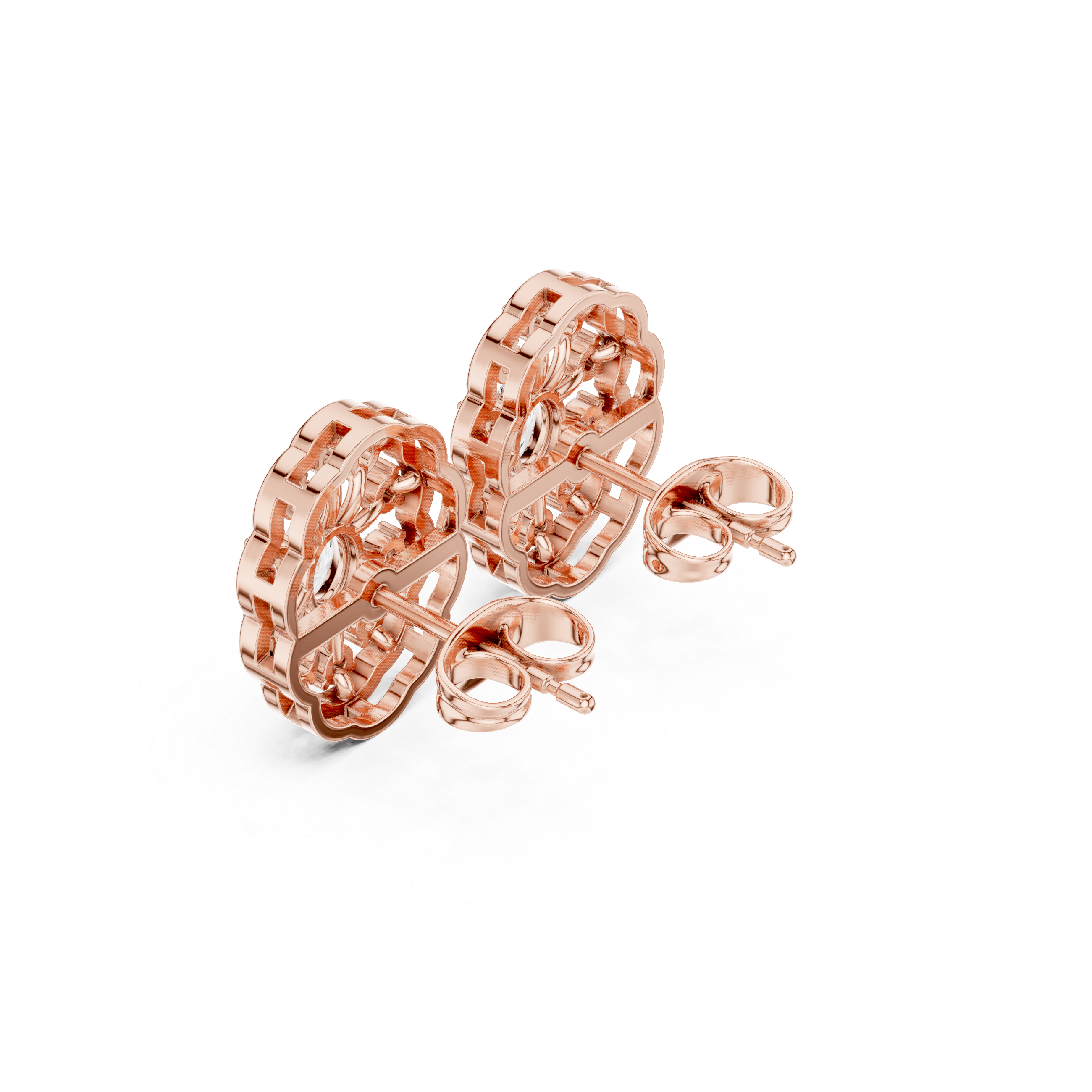 Oval Center Diamond Floral Frame Stud Earrings