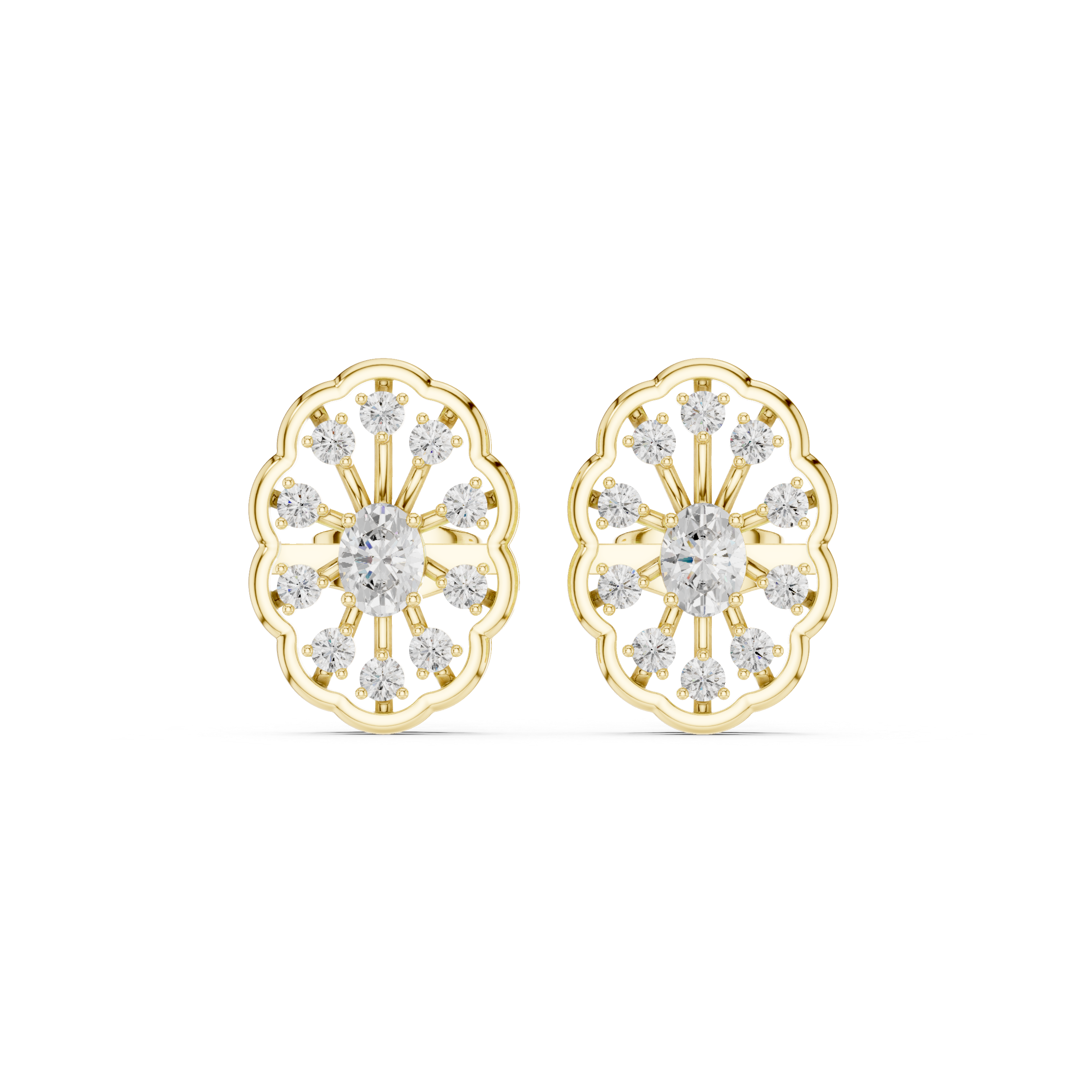 Oval Center Diamond Floral Frame Stud Earrings