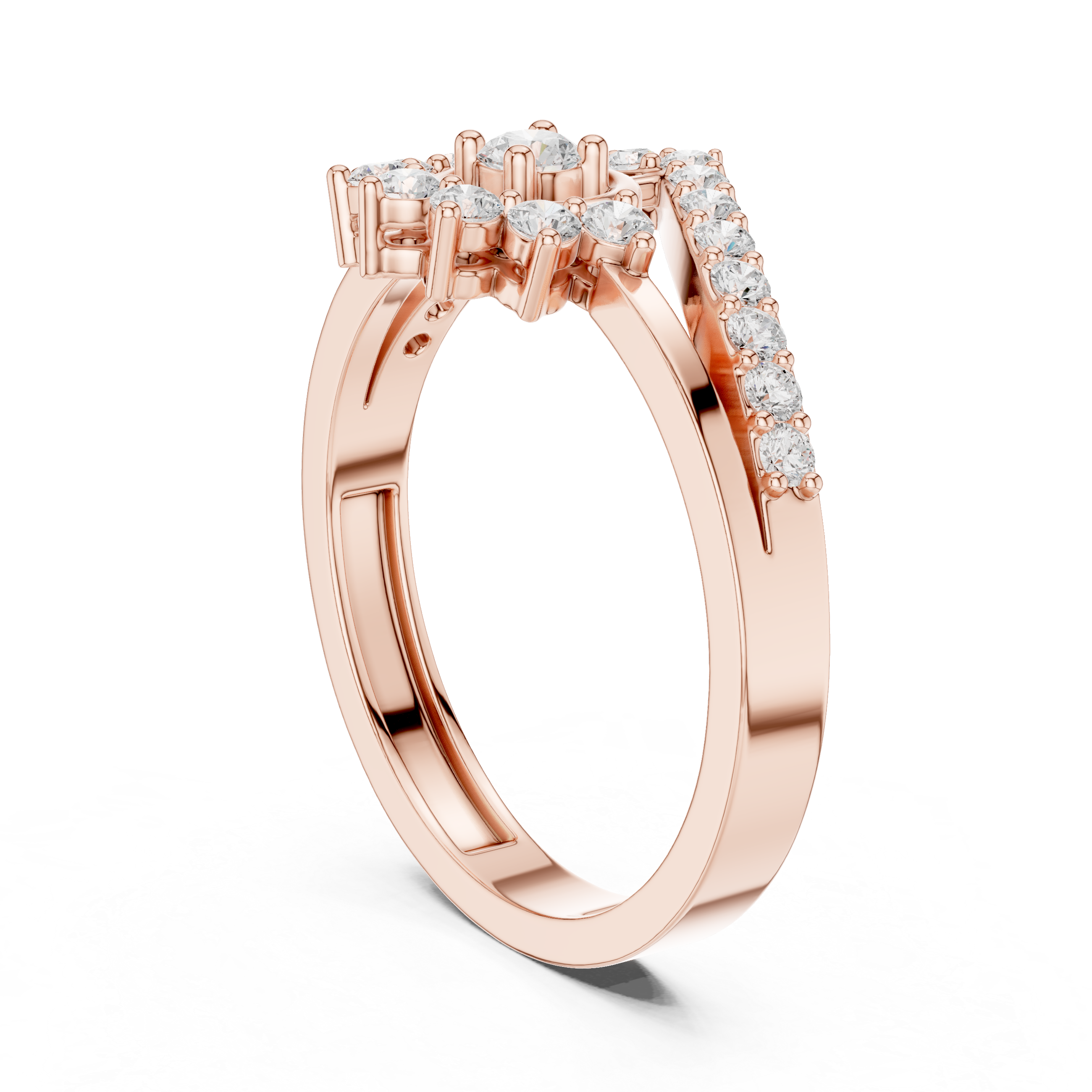 Vintage Sunburst Halo Diamond Ring with Chevron Pavé Band
