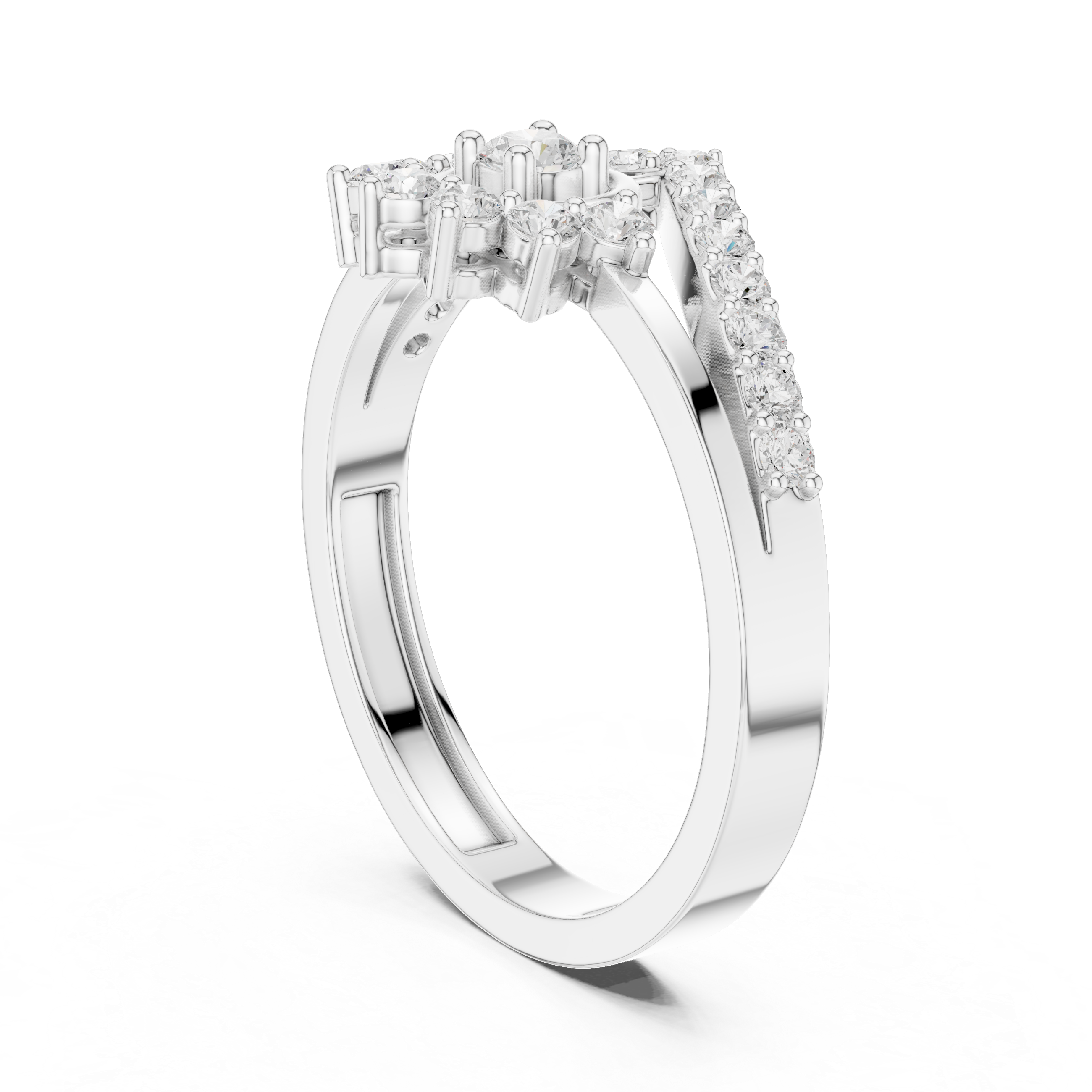 Vintage Sunburst Halo Diamond Ring with Chevron Pavé Band
