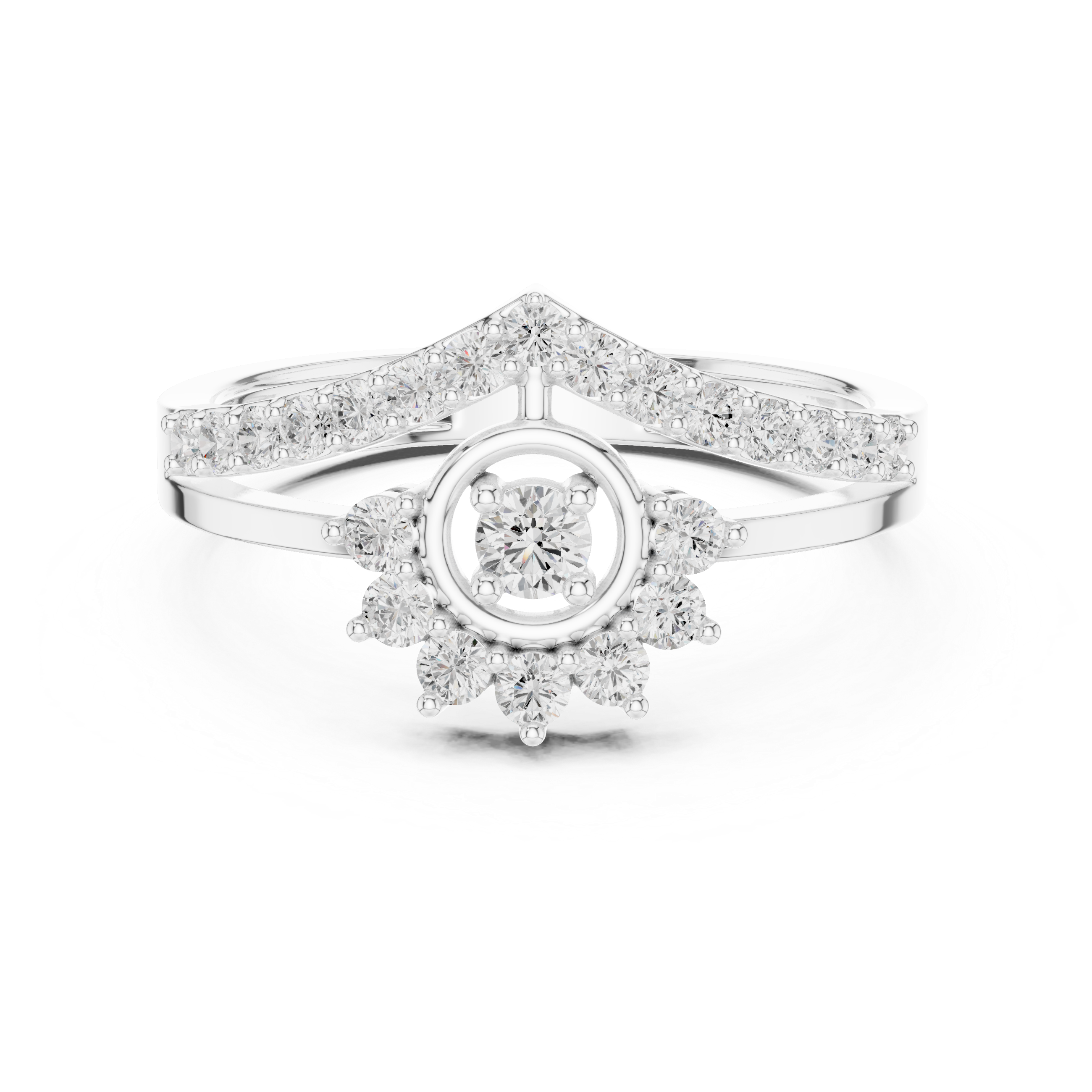 Vintage Sunburst Halo Diamond Ring with Chevron Pavé Band