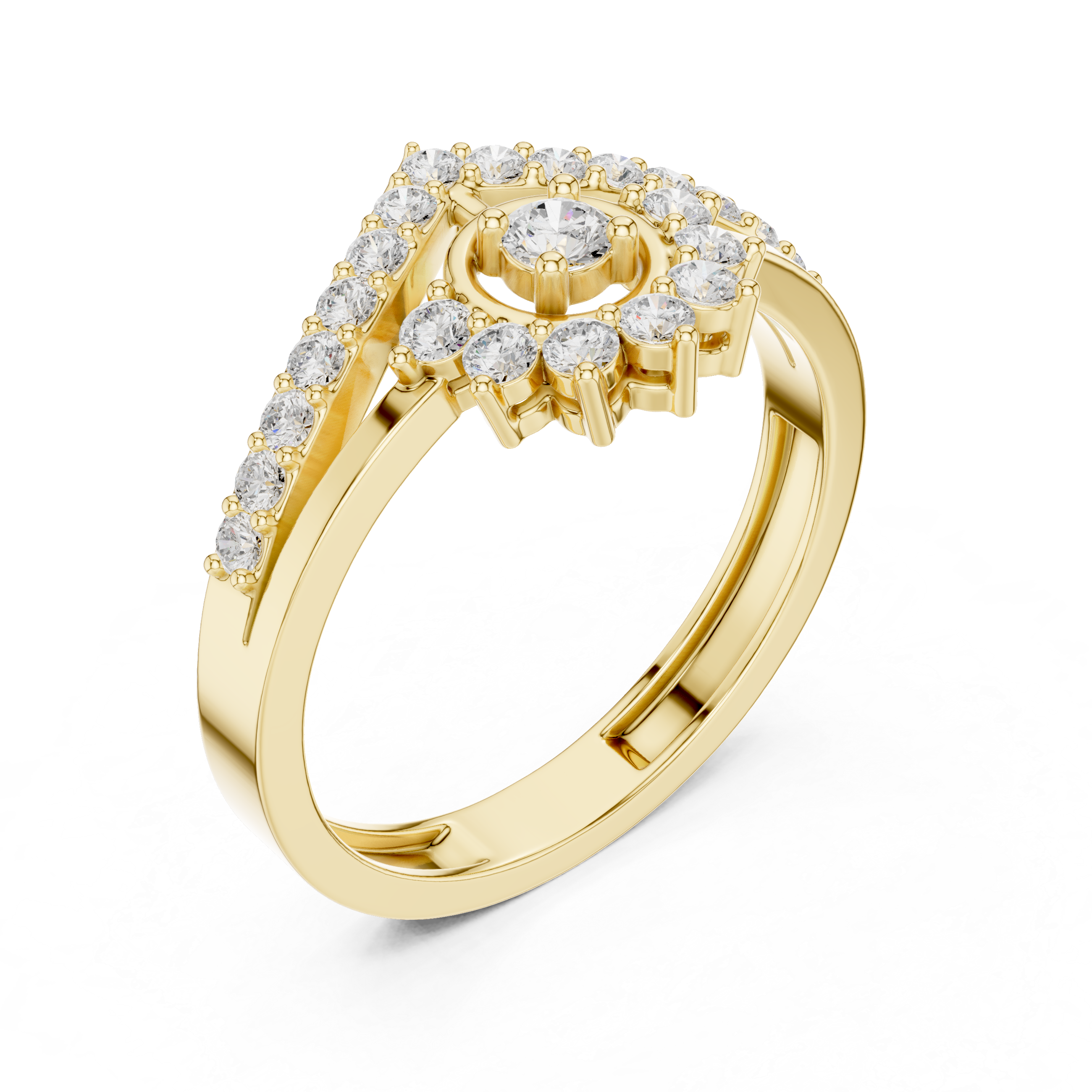 Vintage Sunburst Halo Diamond Ring with Chevron Pavé Band