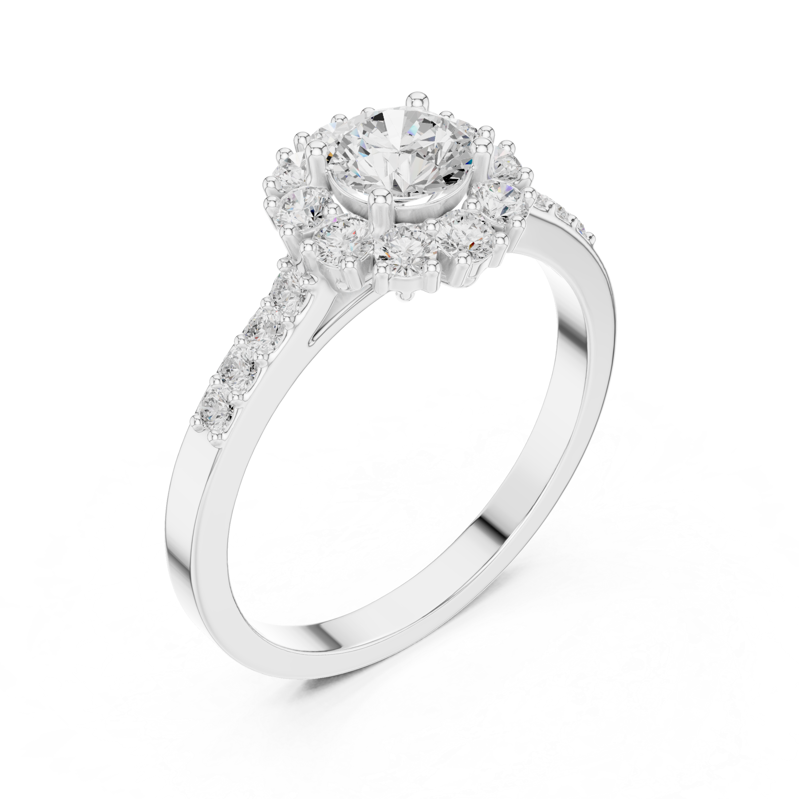 Round Diamond Halo Engagement Ring with Pavé Diamond Band