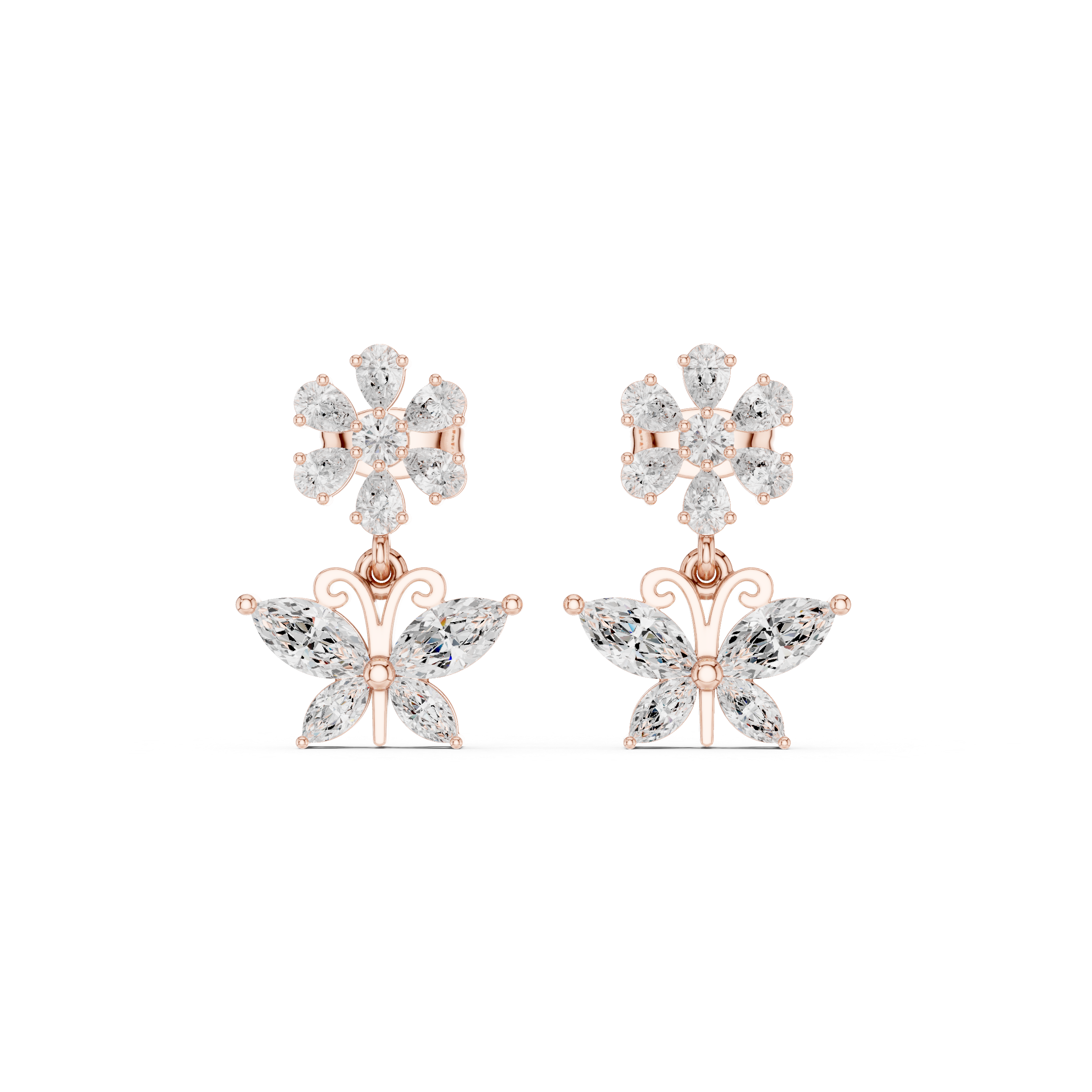 Floral & Butterfly Motif Diamond Drop Earrings
