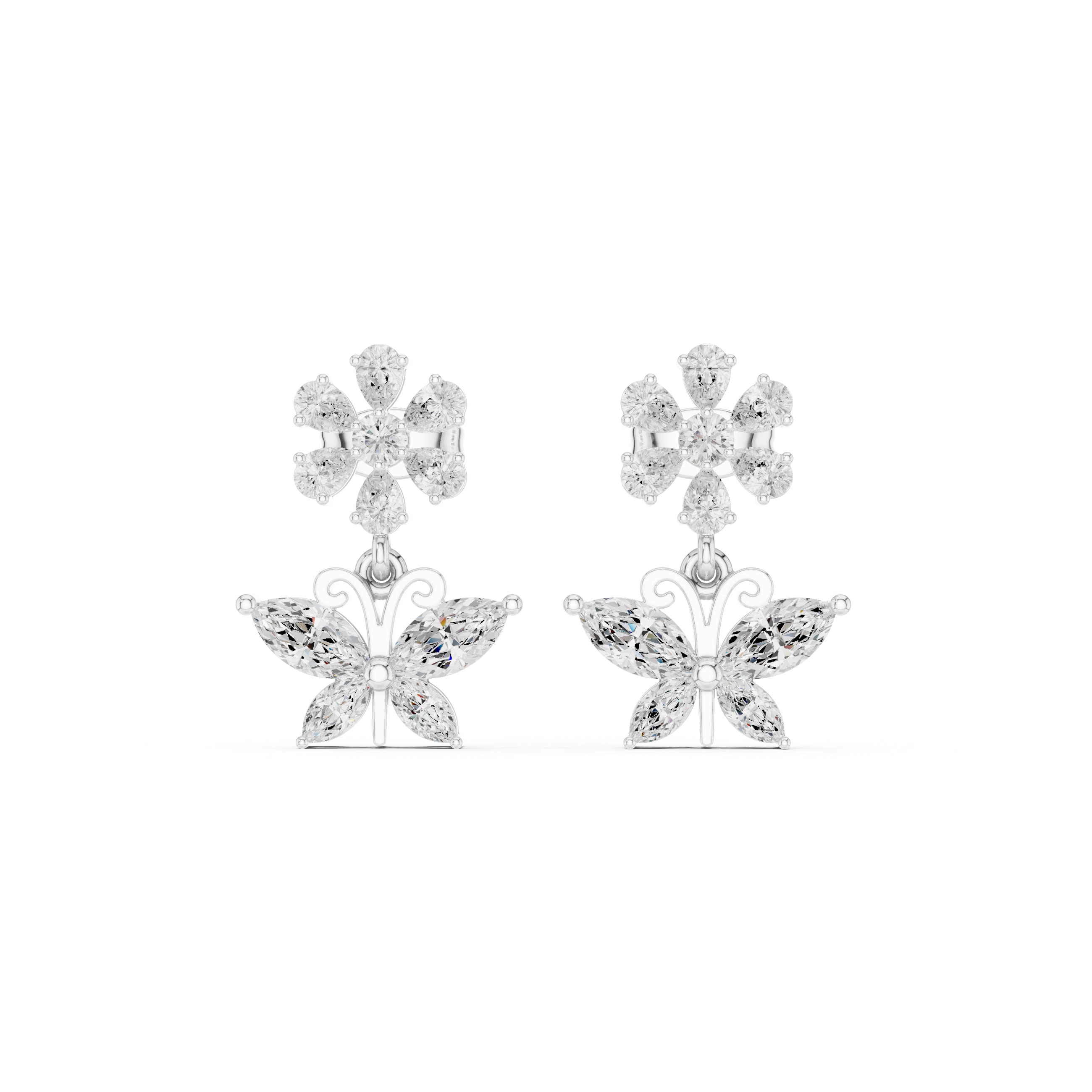 Floral & Butterfly Motif Diamond Drop Earrings