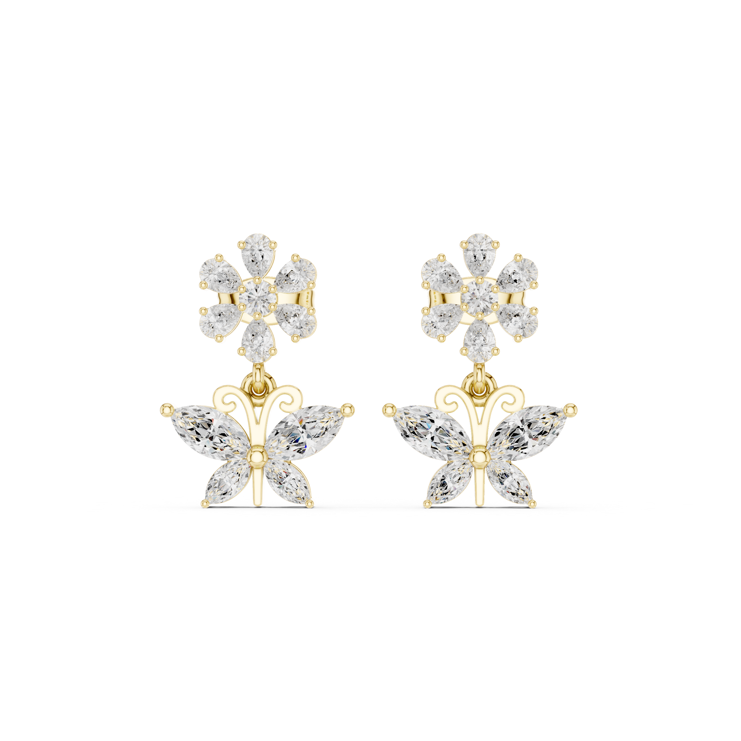 Floral & Butterfly Motif Diamond Drop Earrings