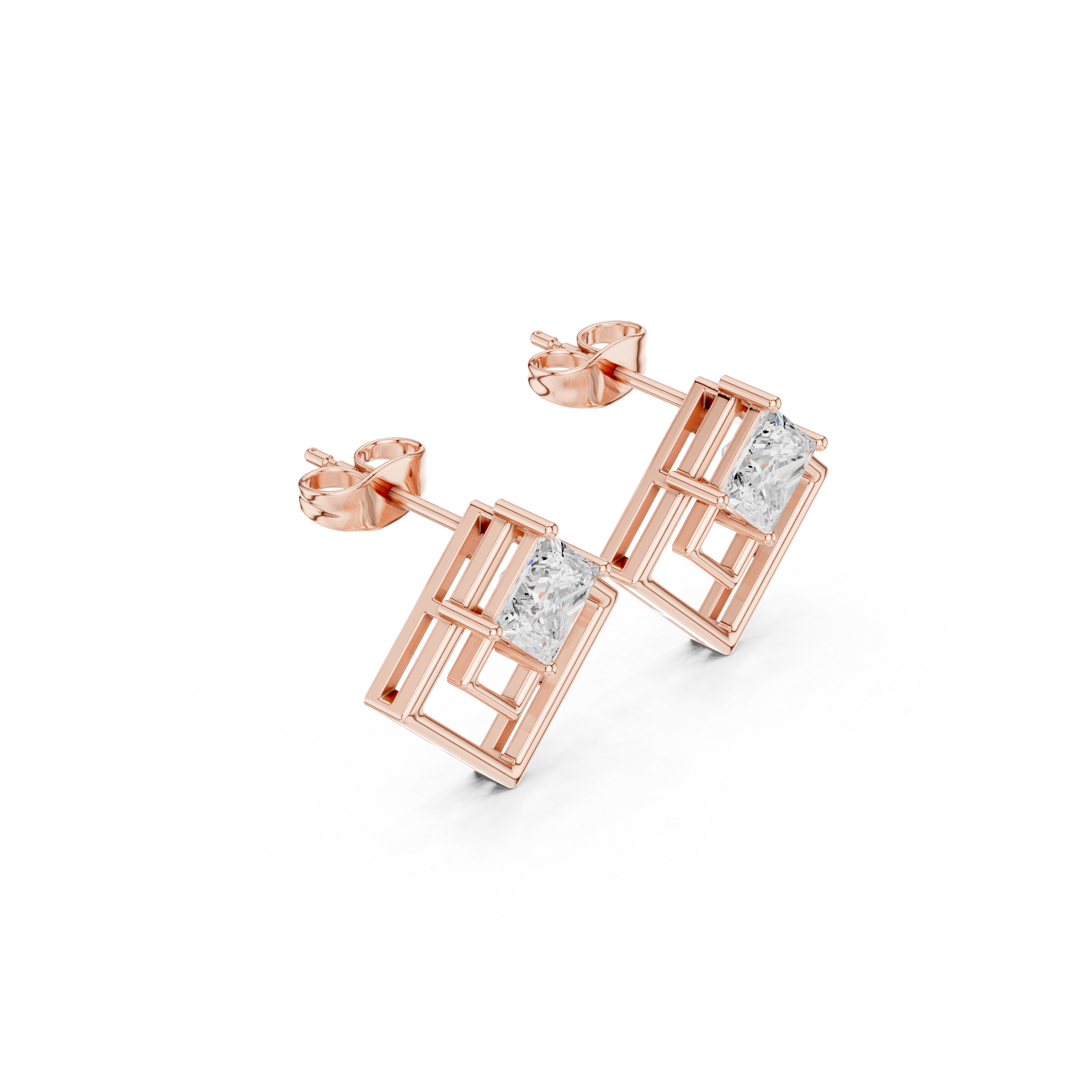 Geometric Princess Cut Diamond Earrings – Double Square Frame Design