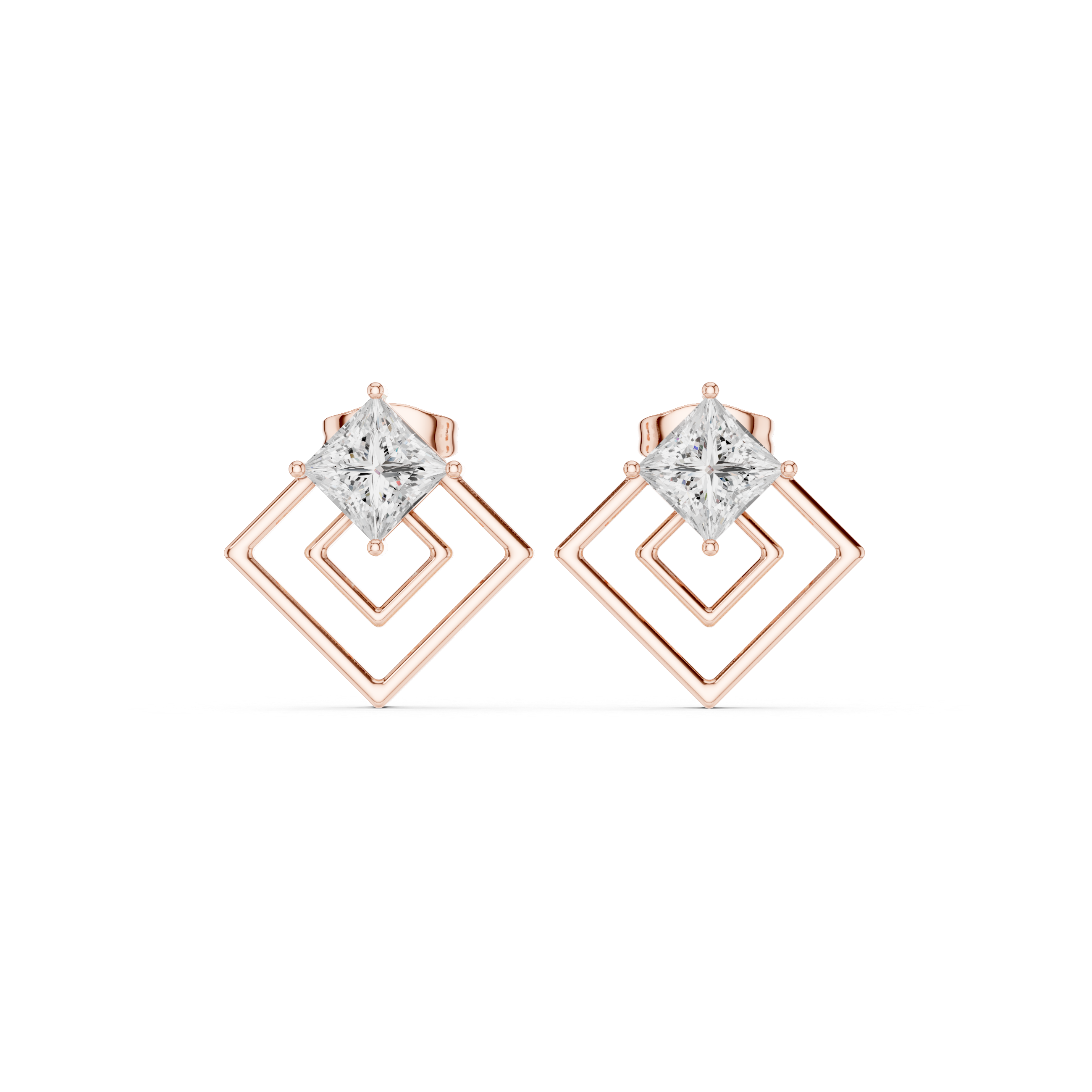 Geometric Princess Cut Diamond Earrings – Double Square Frame Design