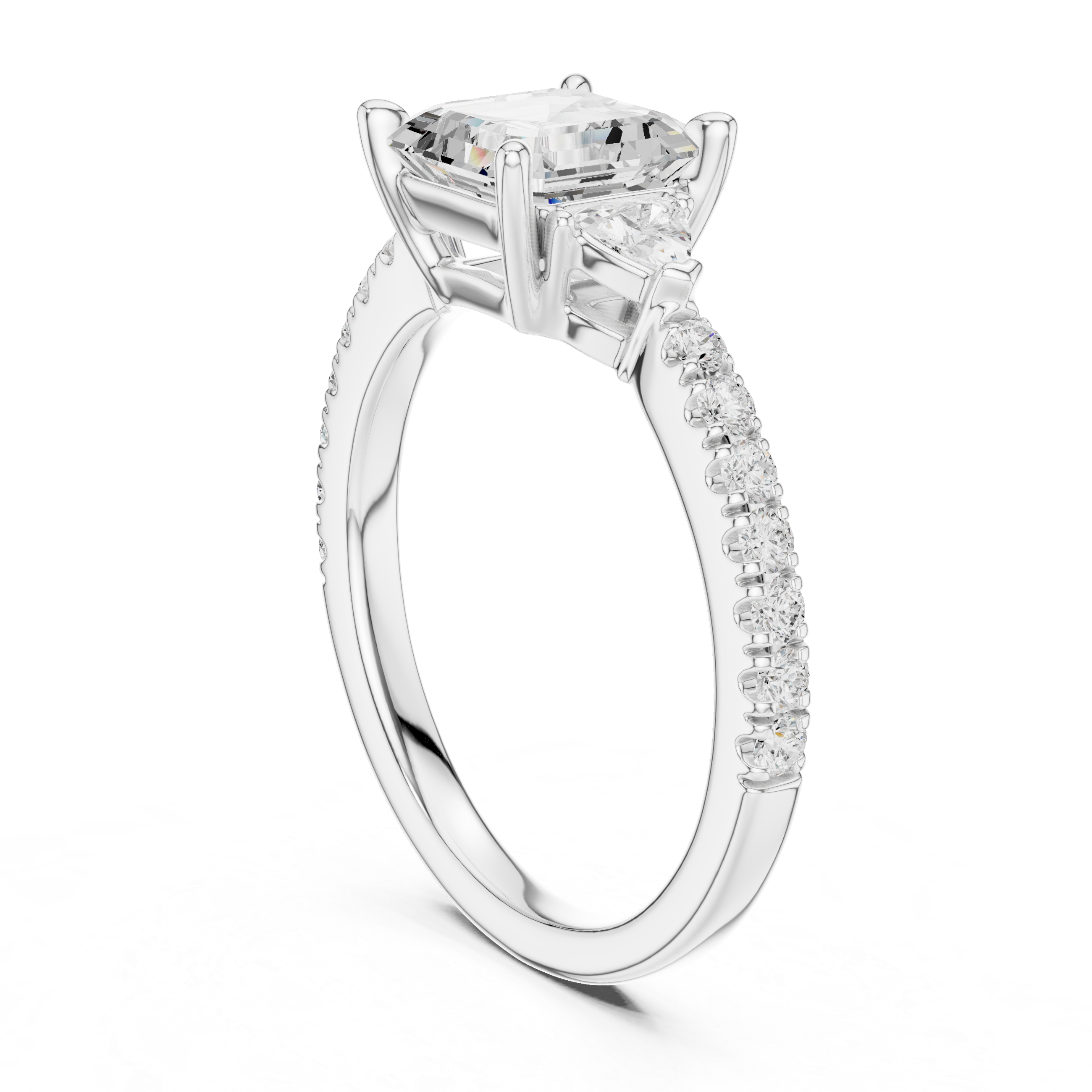 Asscher Cut Diamond Engagement Ring with Pavé Band and Trillion Side Stones