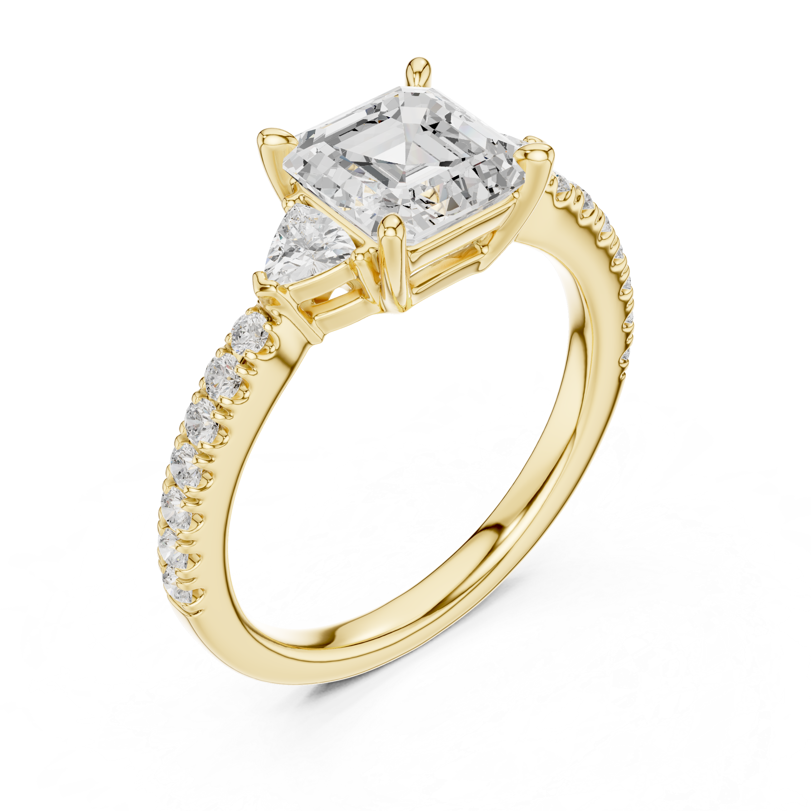 Asscher Cut Diamond Engagement Ring with Pavé Band and Trillion Side Stones