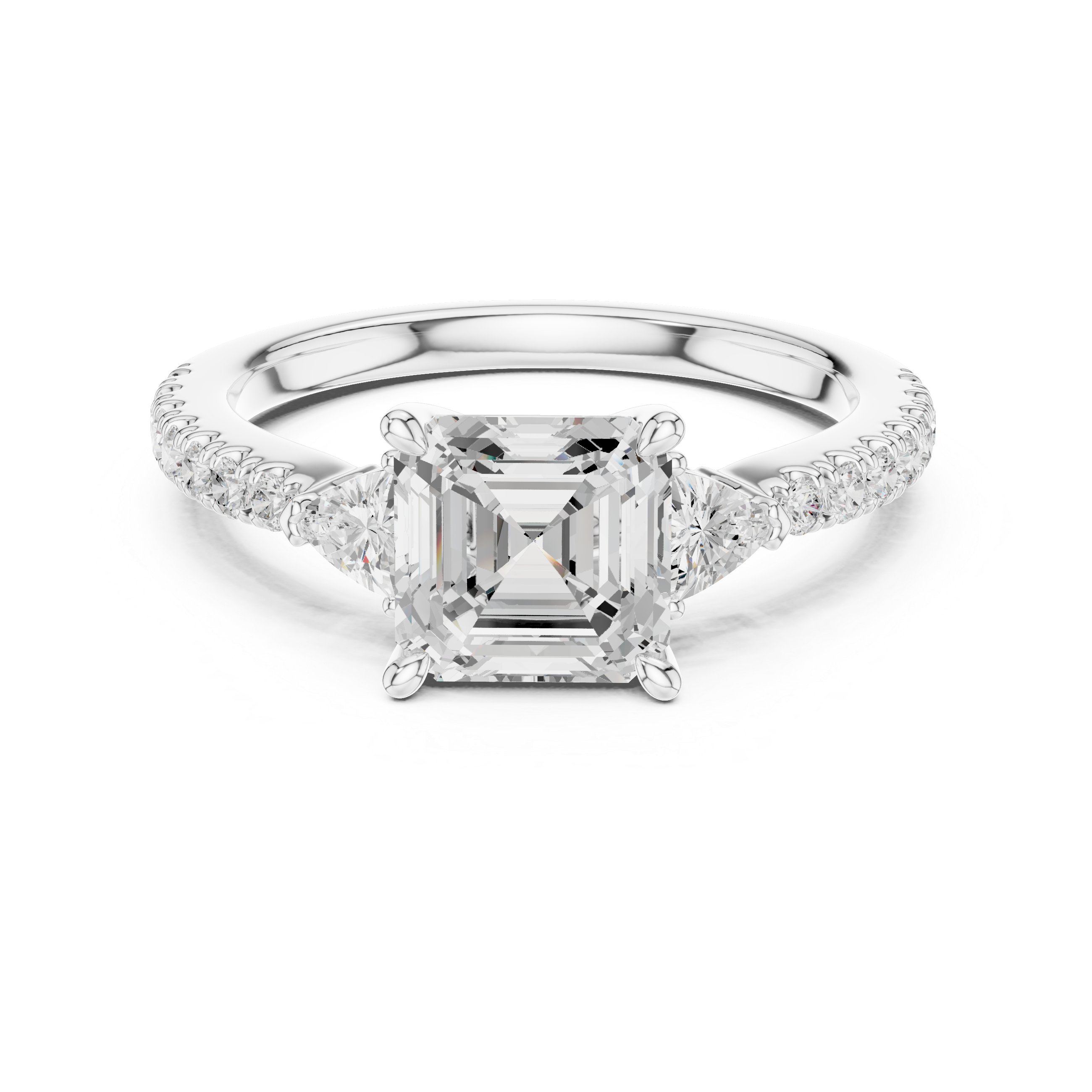 Asscher Cut Diamond Engagement Ring with Pavé Band and Trillion Side Stones