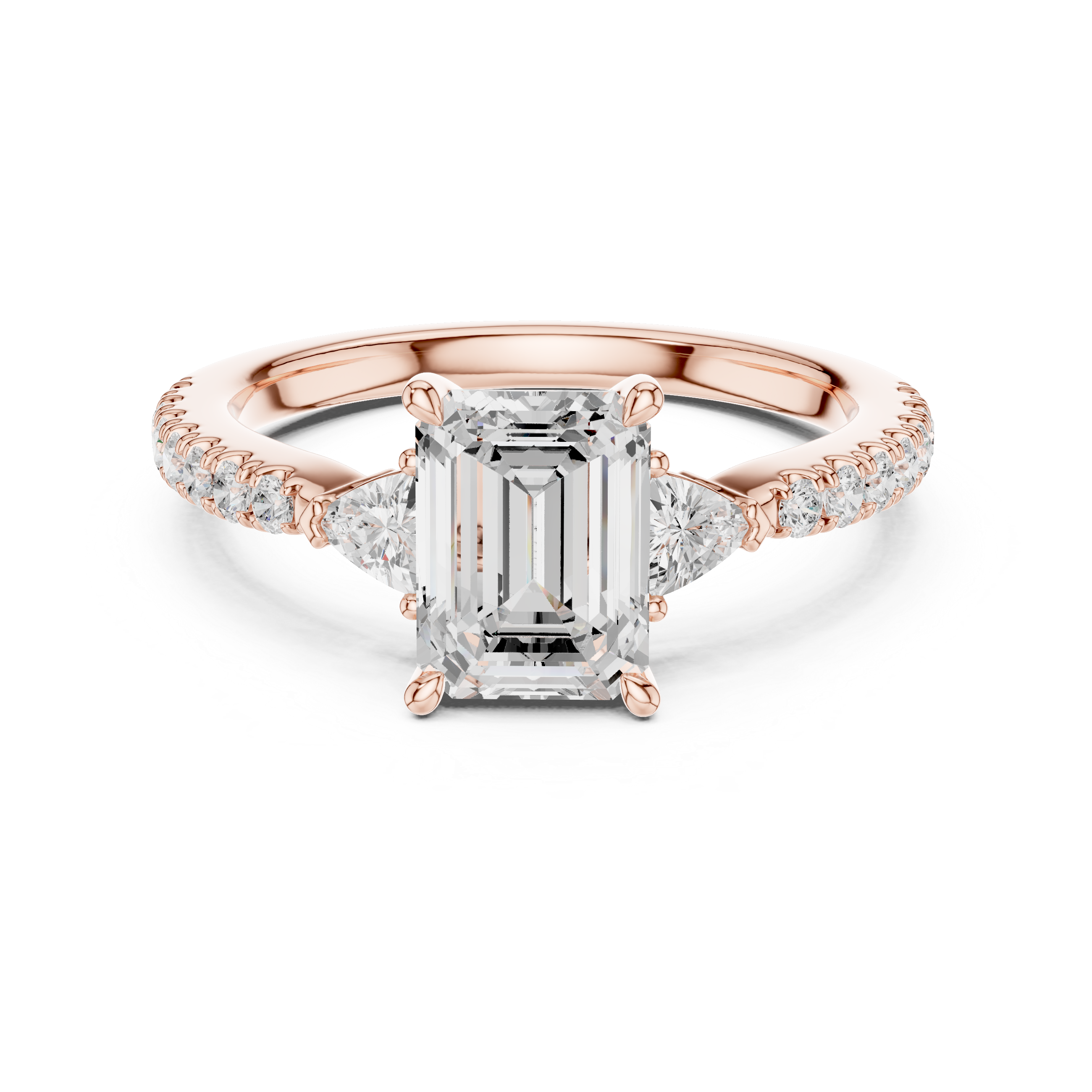 Emerald Cut Diamond Engagement Ring with Pavé Band and Trillion Side Stones