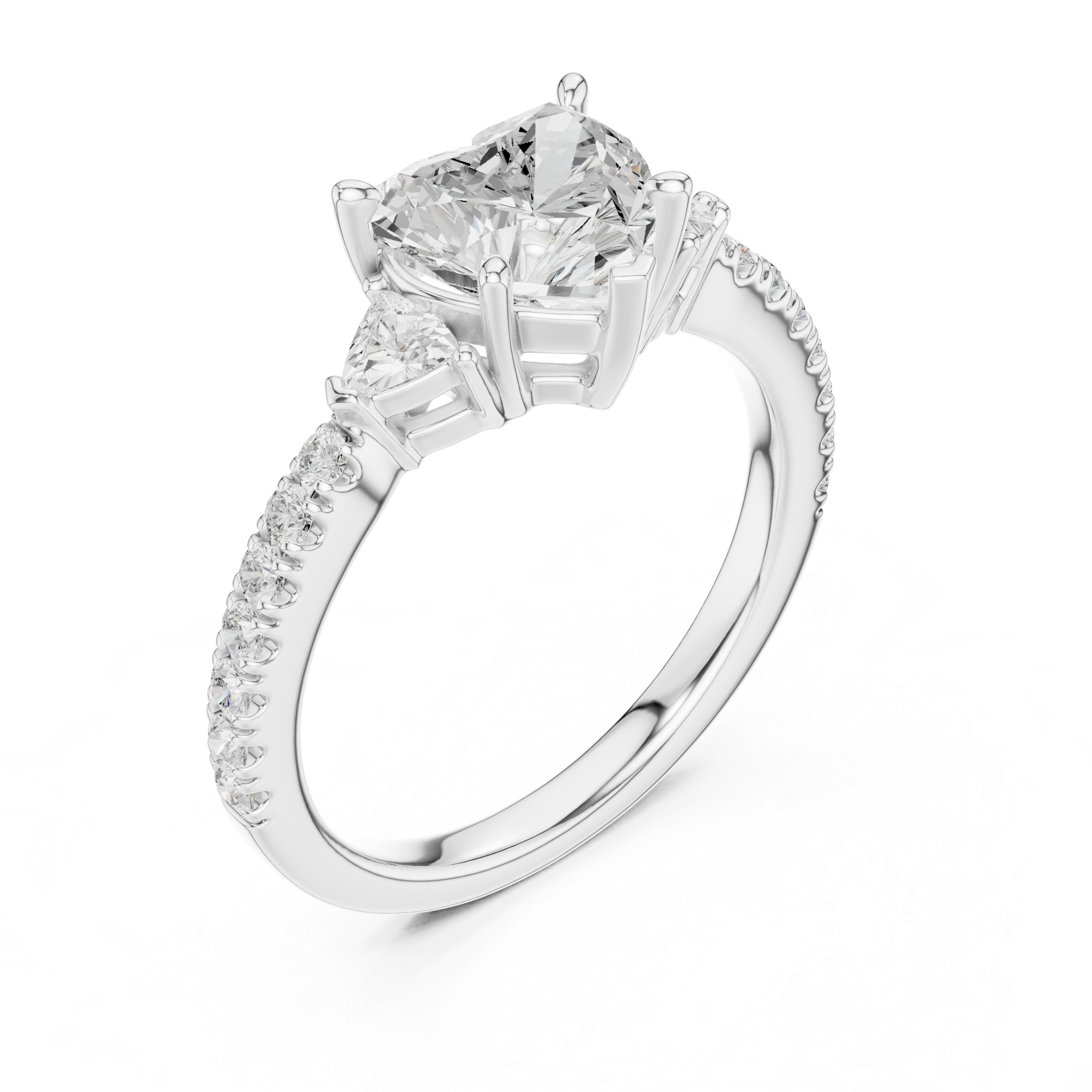 Heart Cut Diamond Engagement Ring with Pavé Band and Trillion Side Stones