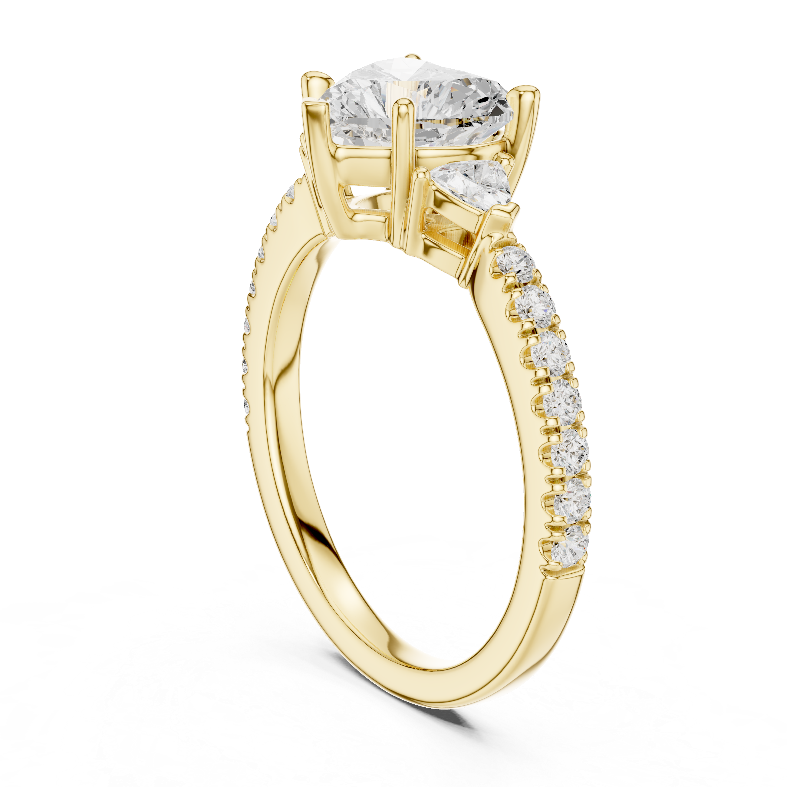 Heart Cut Diamond Engagement Ring with Pavé Band and Trillion Side Stones