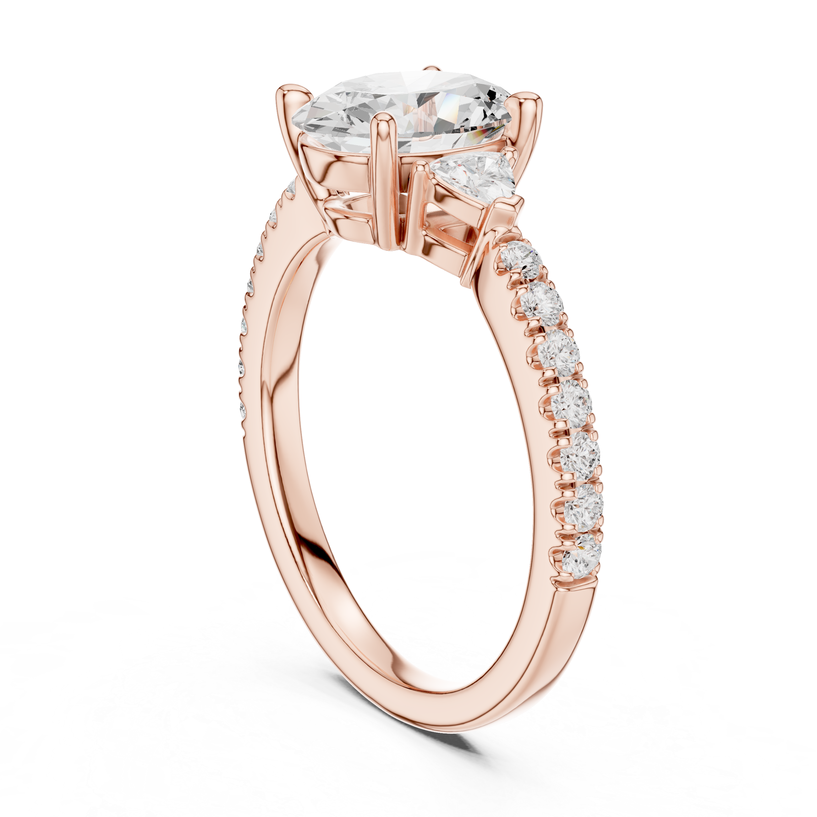 Oval Cut Diamond Engagement Ring with Pavé Band and Trillion Accents