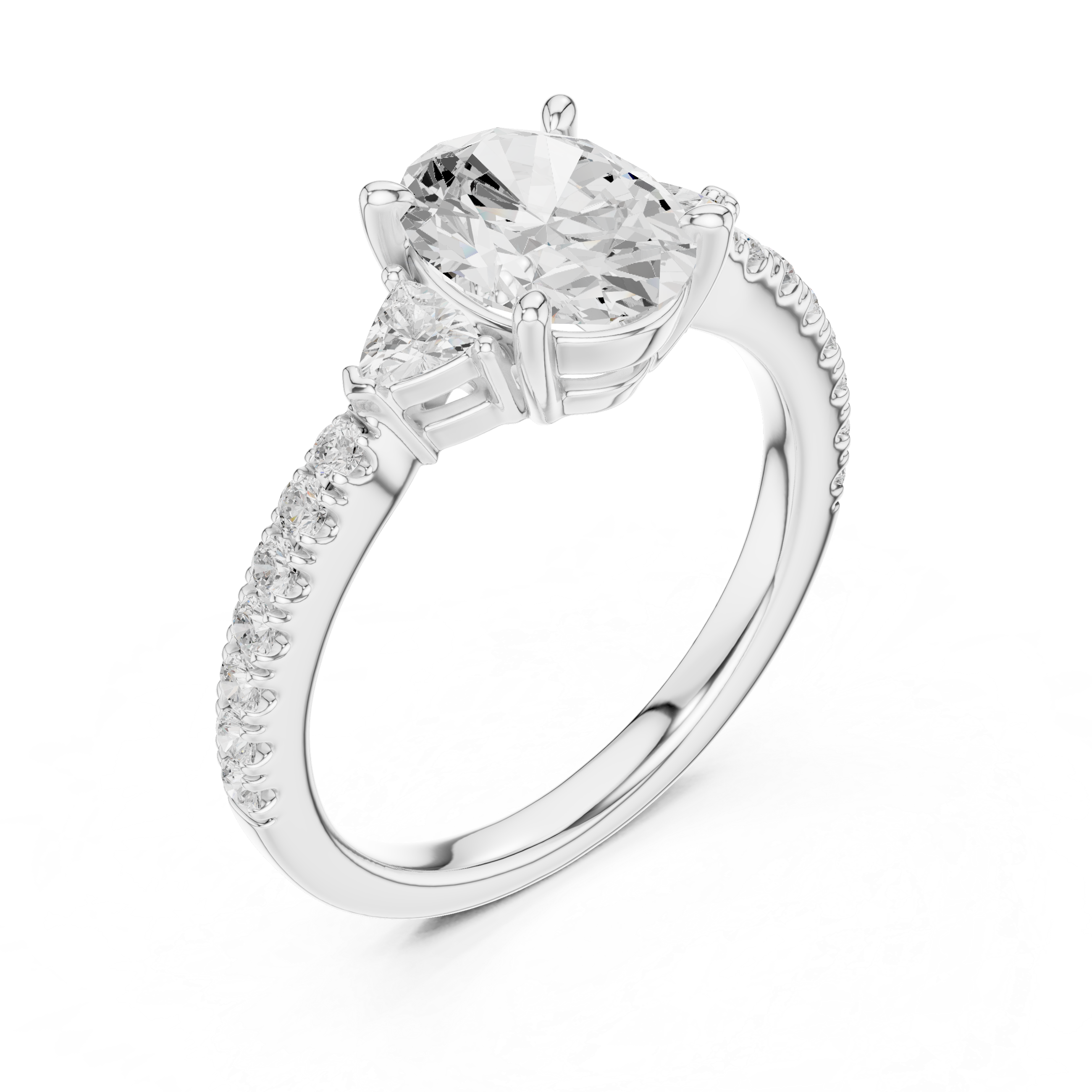 Oval Cut Diamond Engagement Ring with Pavé Band and Trillion Accents