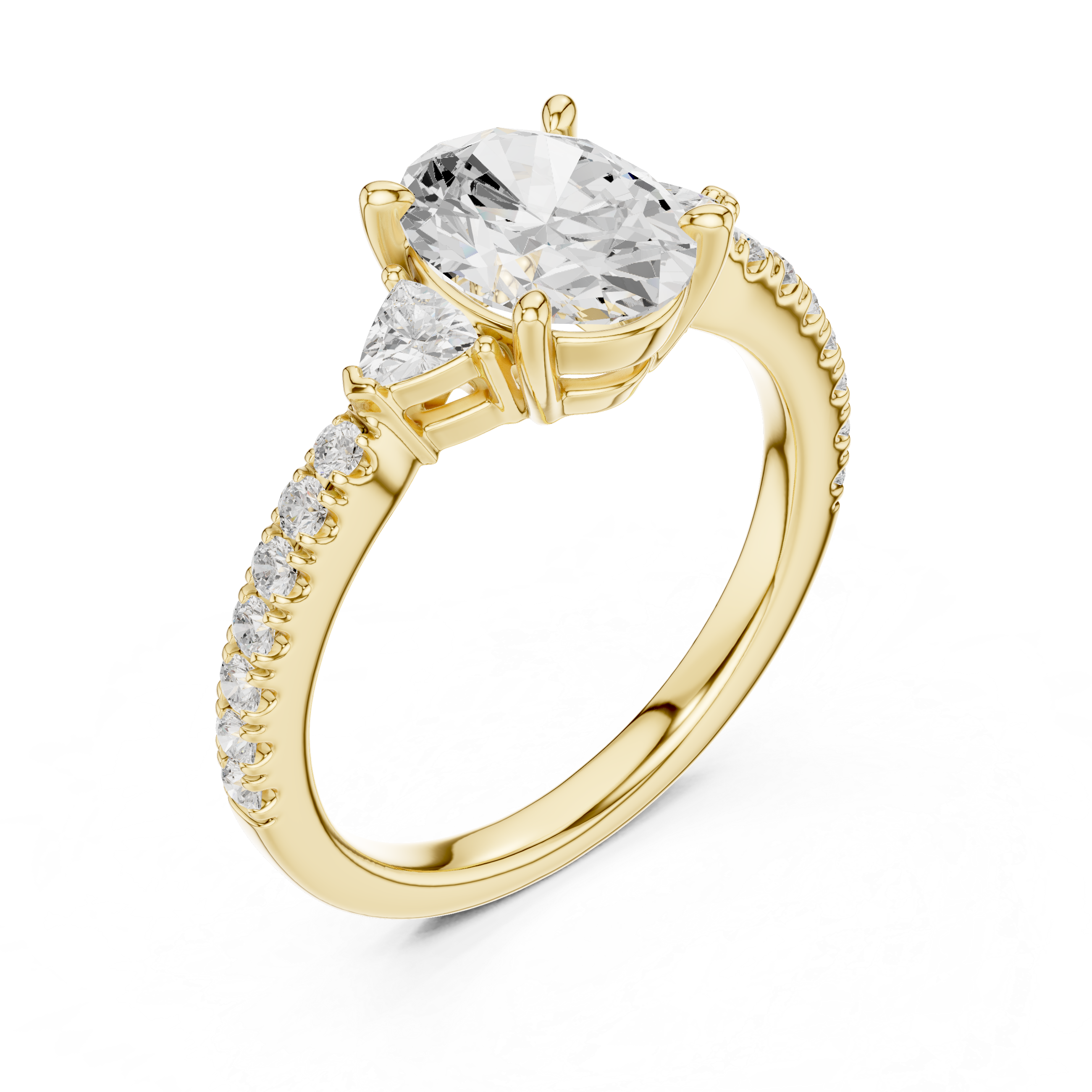 Oval Cut Diamond Engagement Ring with Pavé Band and Trillion Accents