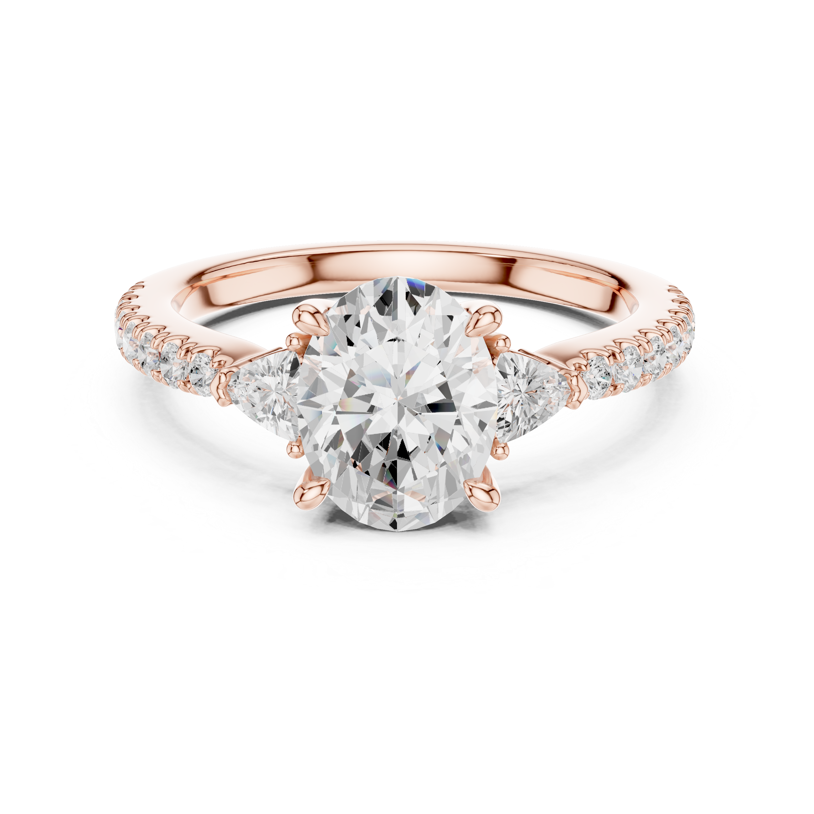 Oval Cut Diamond Engagement Ring with Pavé Band and Trillion Accents