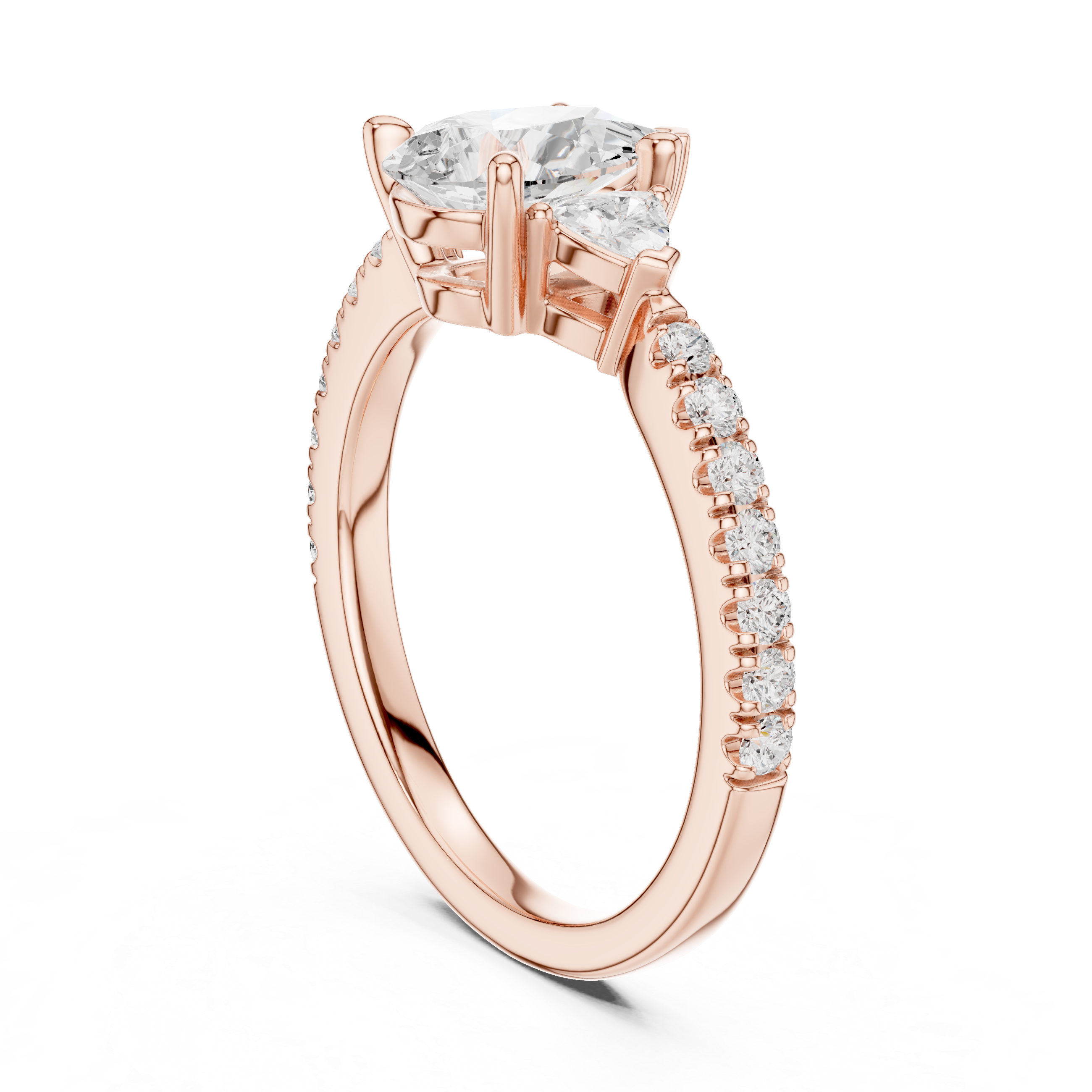 Pear Cut Diamond Engagement Ring with Pavé Band and Trillion Accents