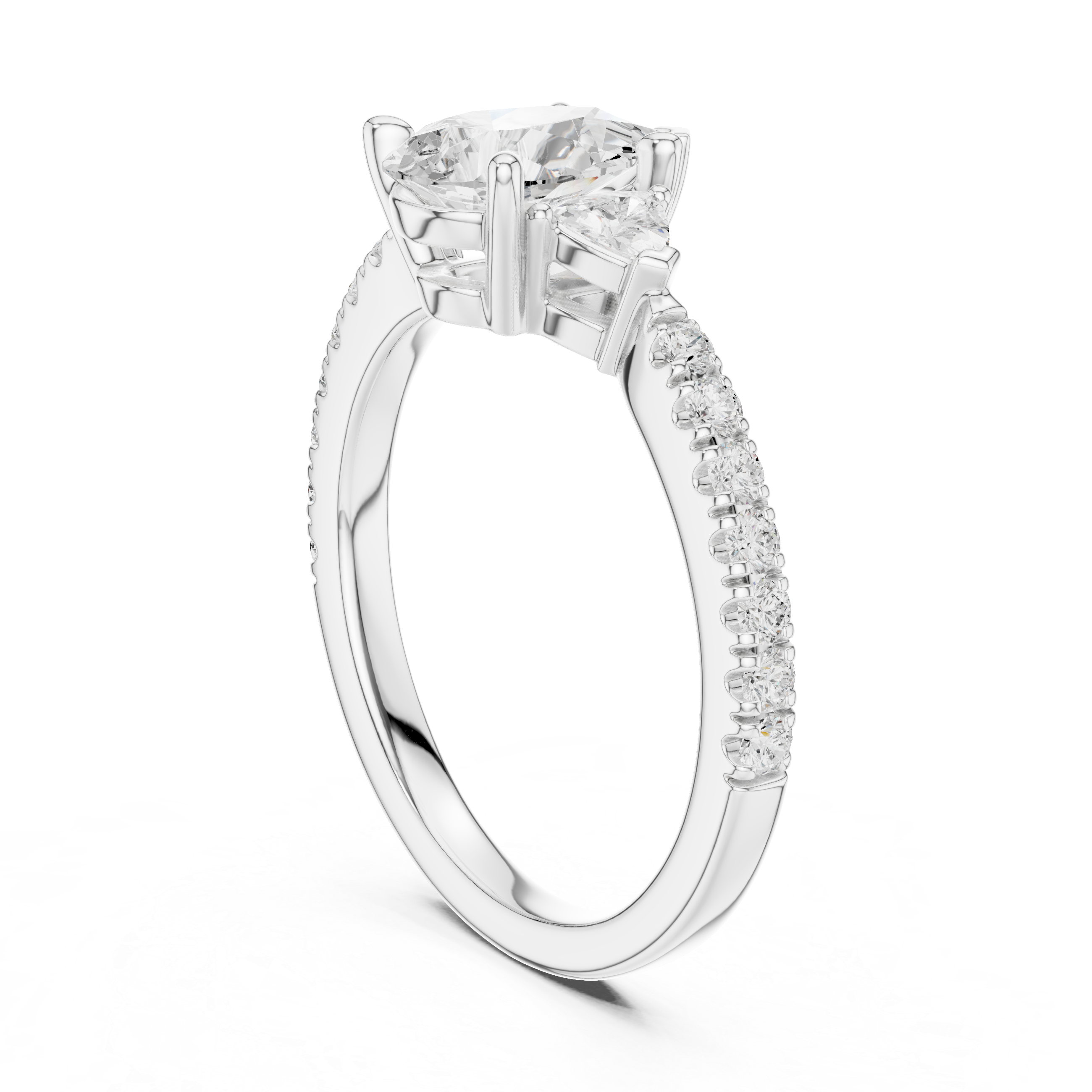 Pear Cut Diamond Engagement Ring with Pavé Band and Trillion Accents