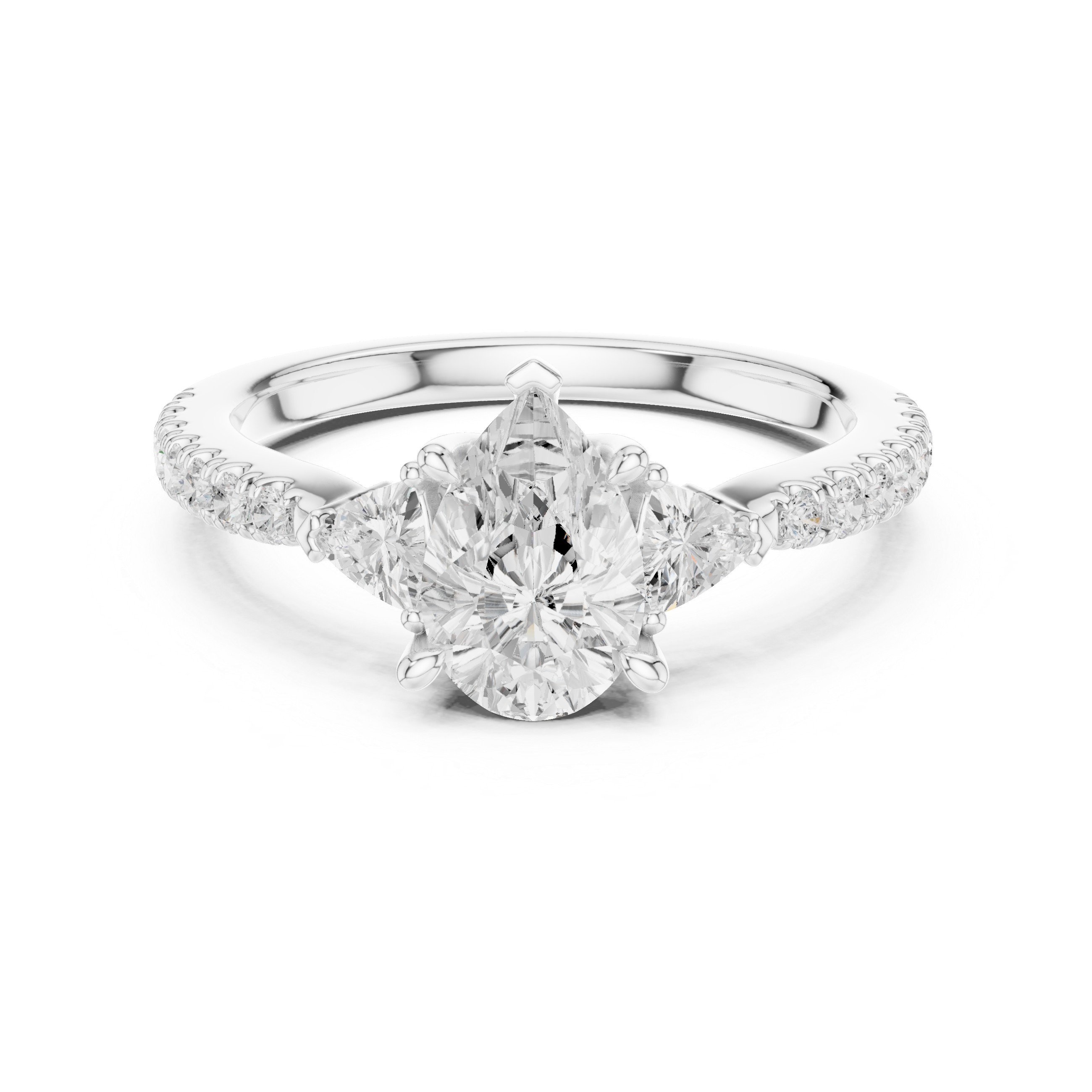 Pear Cut Diamond Engagement Ring with Pavé Band and Trillion Accents