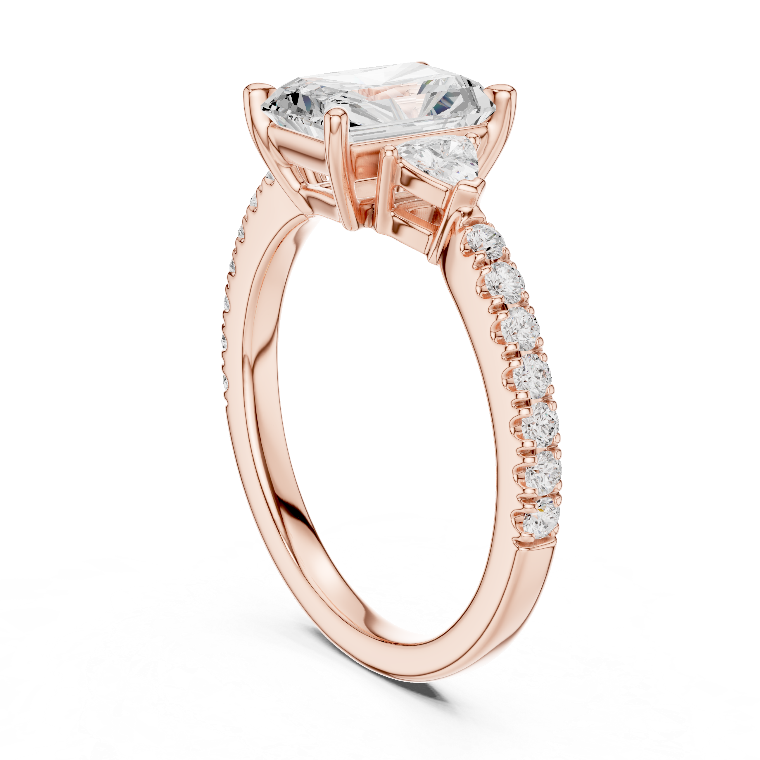 Radiant Cut Three-Stone Diamond Ring with Pavé Band