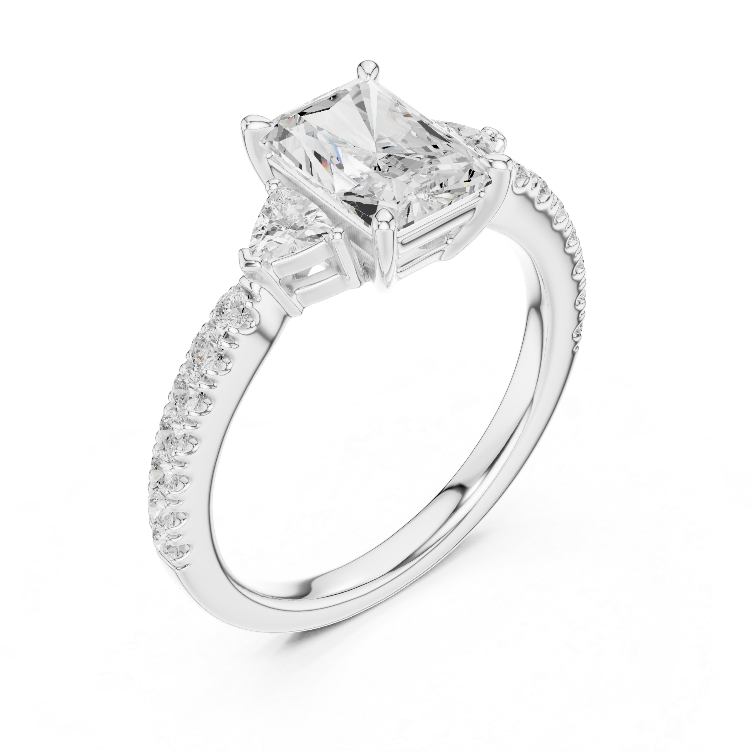Radiant Cut Three-Stone Diamond Ring with Pavé Band