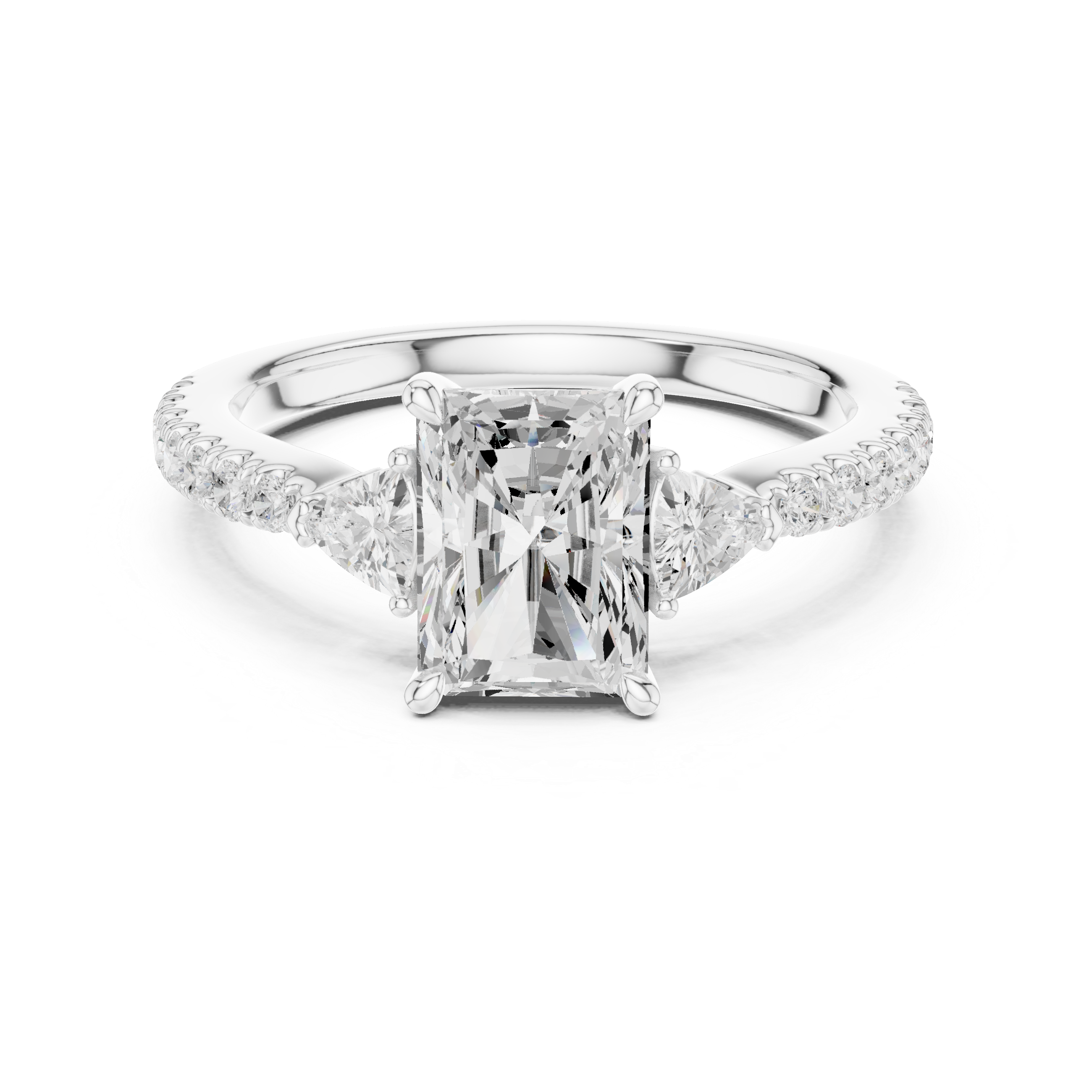 Radiant Cut Three-Stone Diamond Ring with Pavé Band