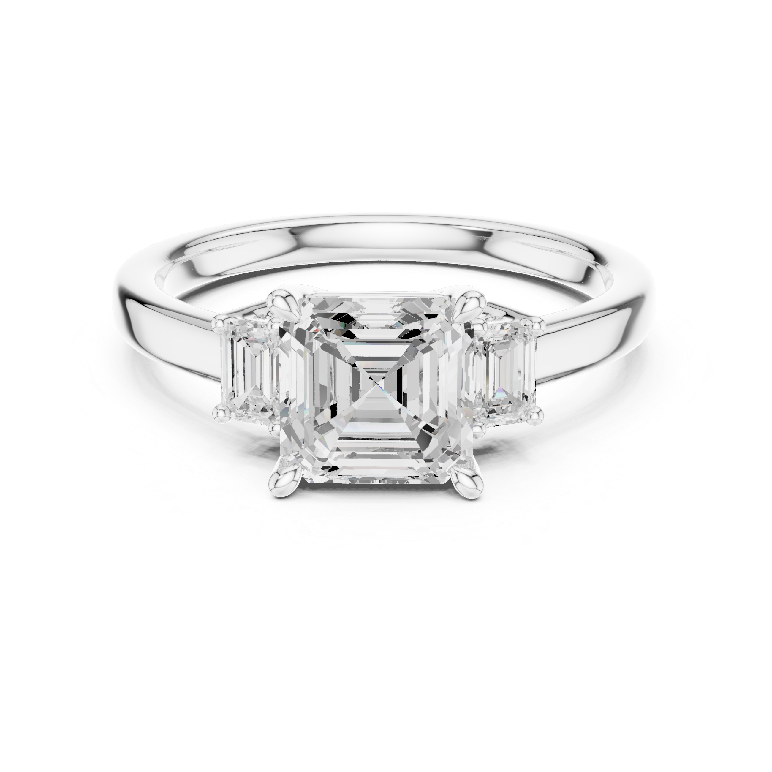 Asscher Cut Diamond Three-Stone Engagement Ring with Emerald Side Stones