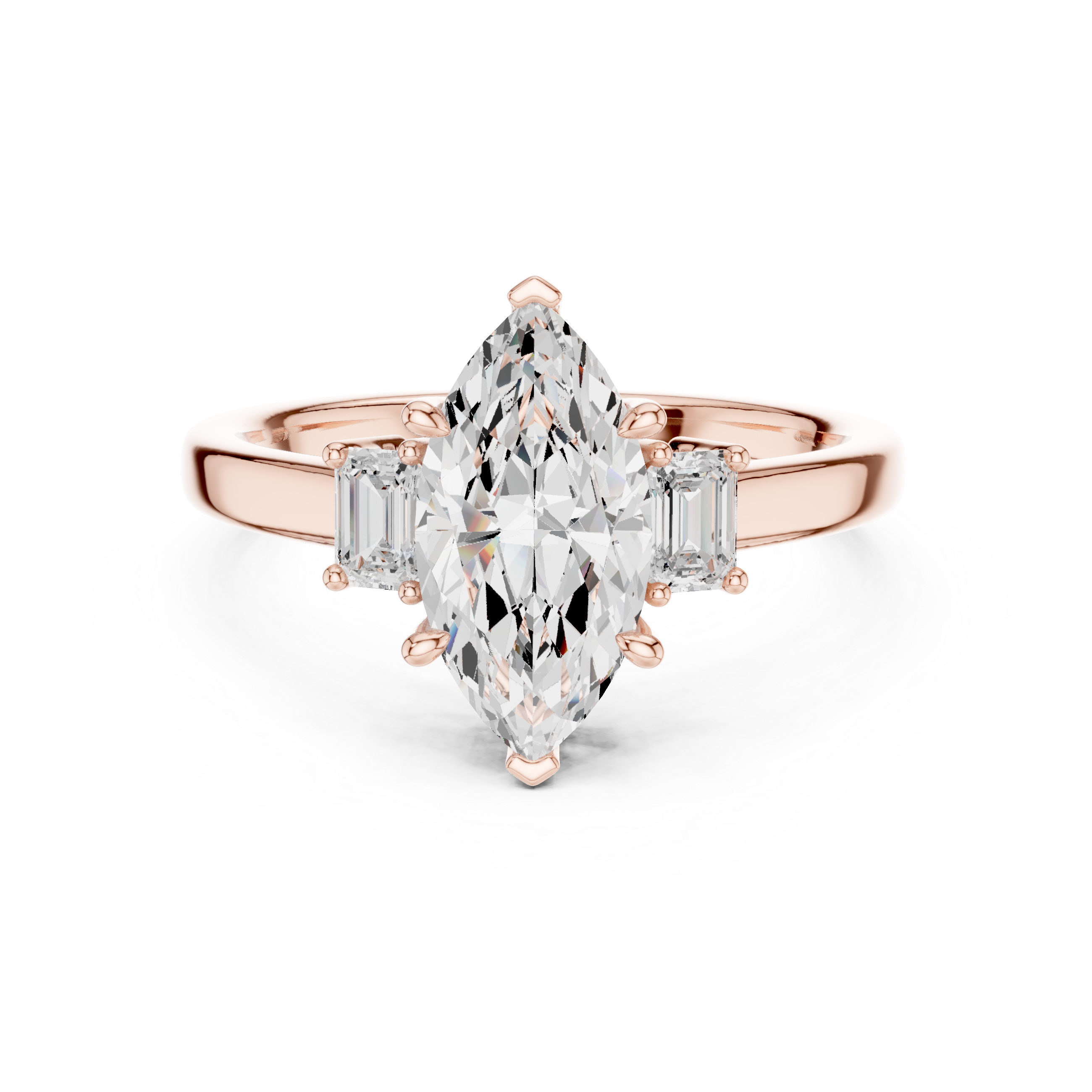 Marquise Cut Diamond Three-Stone Engagement Ring with Emerald Side Stones