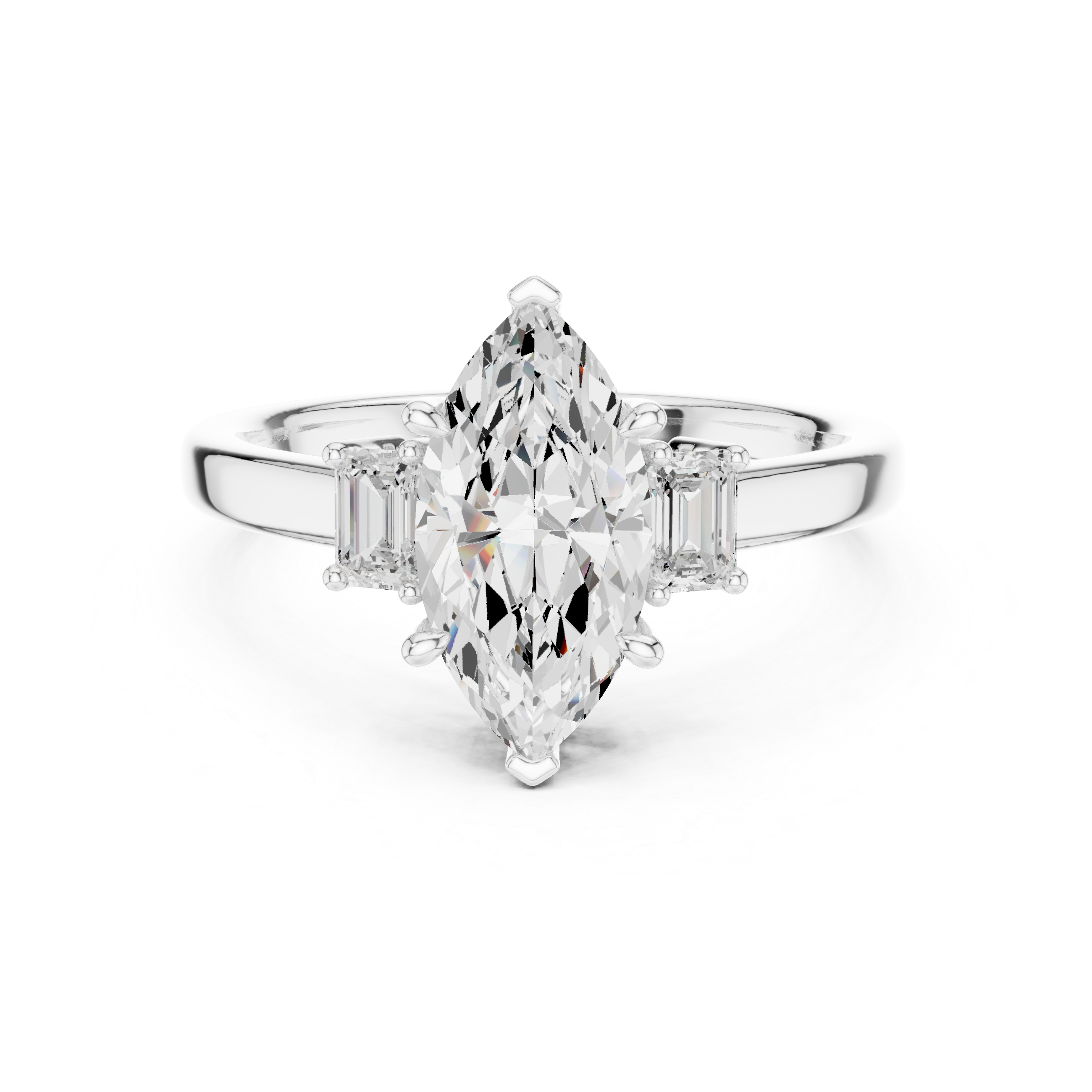 Marquise Cut Diamond Three-Stone Engagement Ring with Emerald Side Stones
