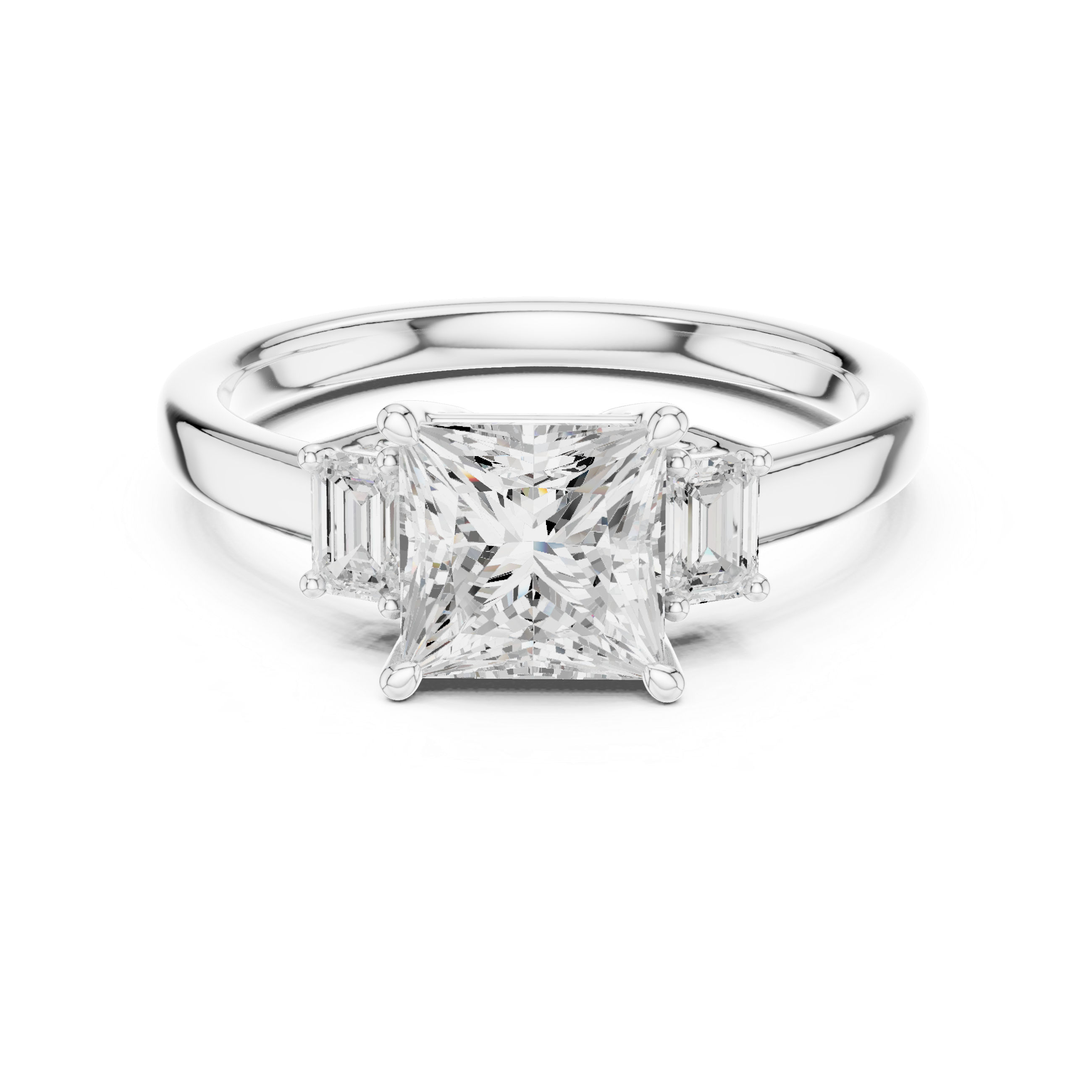 Princess Cut Diamond Three-Stone Engagement Ring with Emerald Side Stones