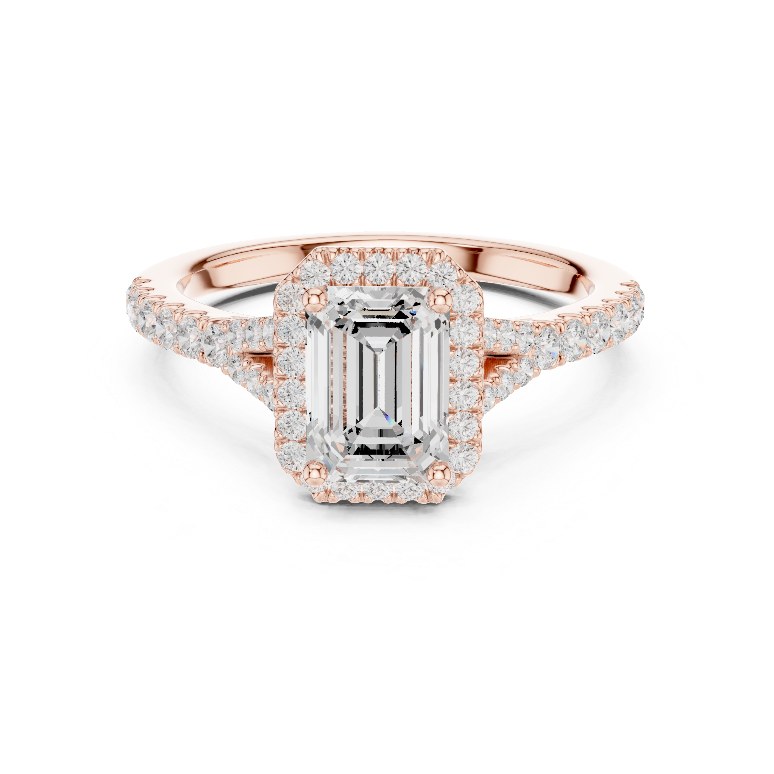 Emerald Cut Halo Diamond Ring – Pavé Band Elegant Luxury Design