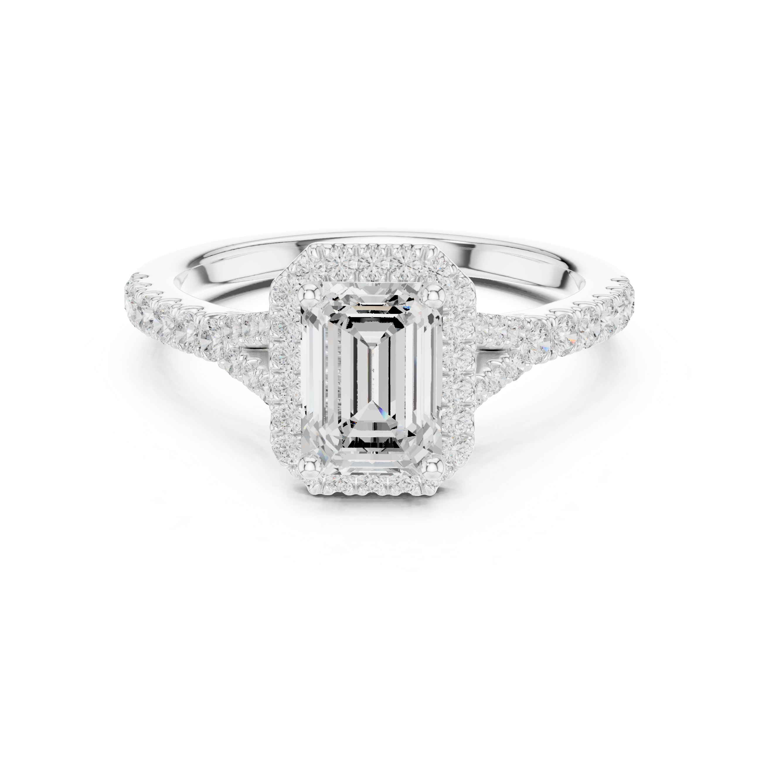 Emerald Cut Halo Diamond Ring – Pavé Band Elegant Luxury Design