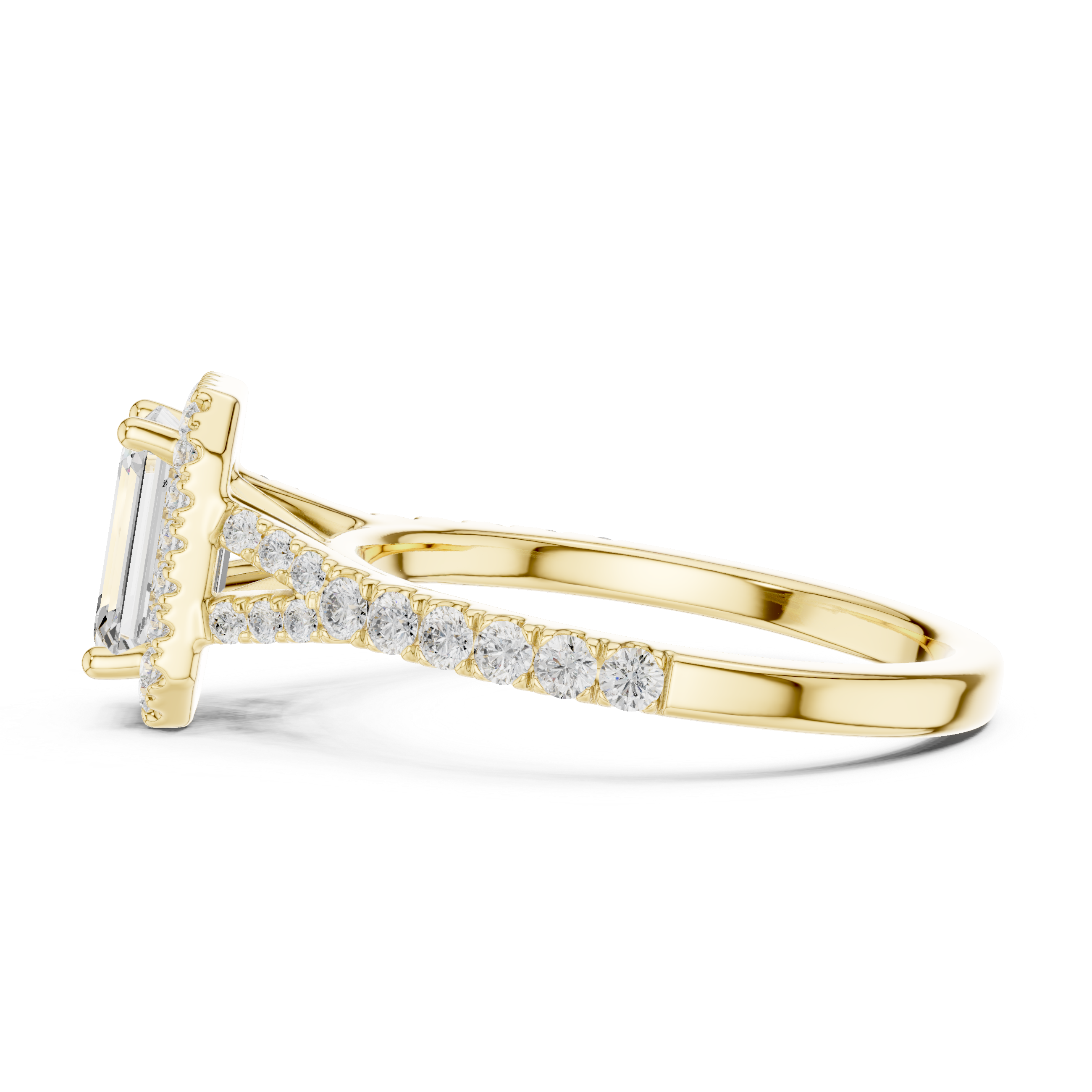 Emerald Cut Halo Diamond Ring – Pavé Band Elegant Luxury Design