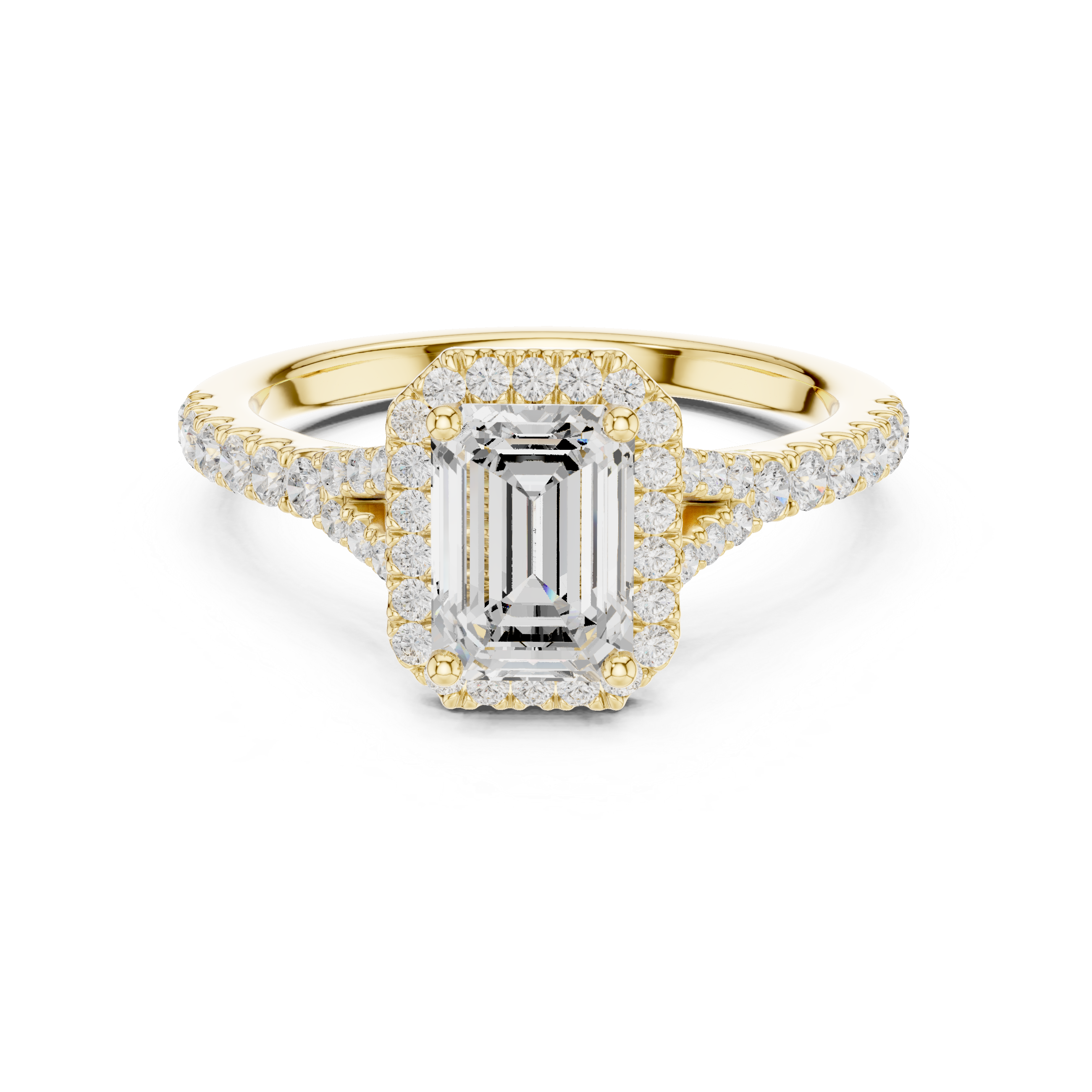 Emerald Cut Halo Diamond Ring – Pavé Band Elegant Luxury Design