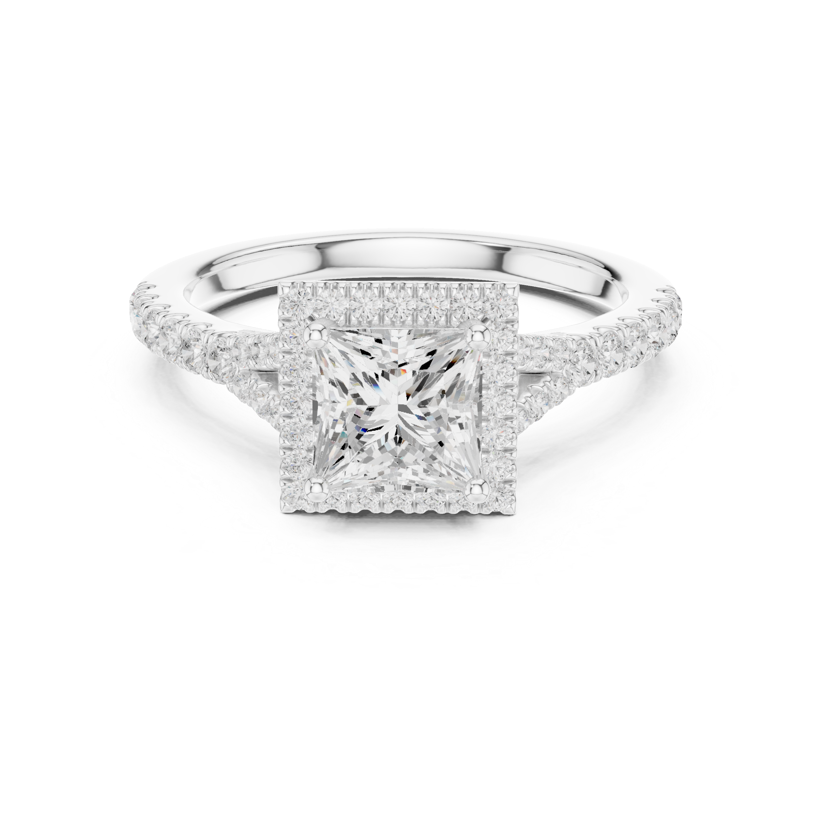 Princess Cut Halo Diamond Ring – Pavé Band Classic Square Elegance