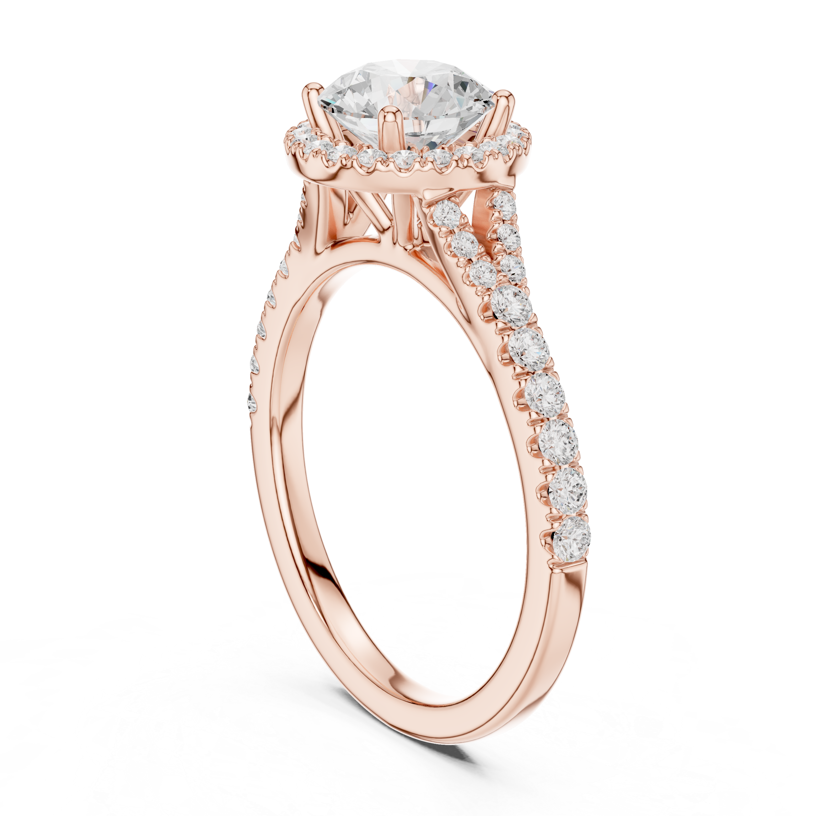 Round Cut Halo Diamond Ring – Pavé Band Timeless Brilliance