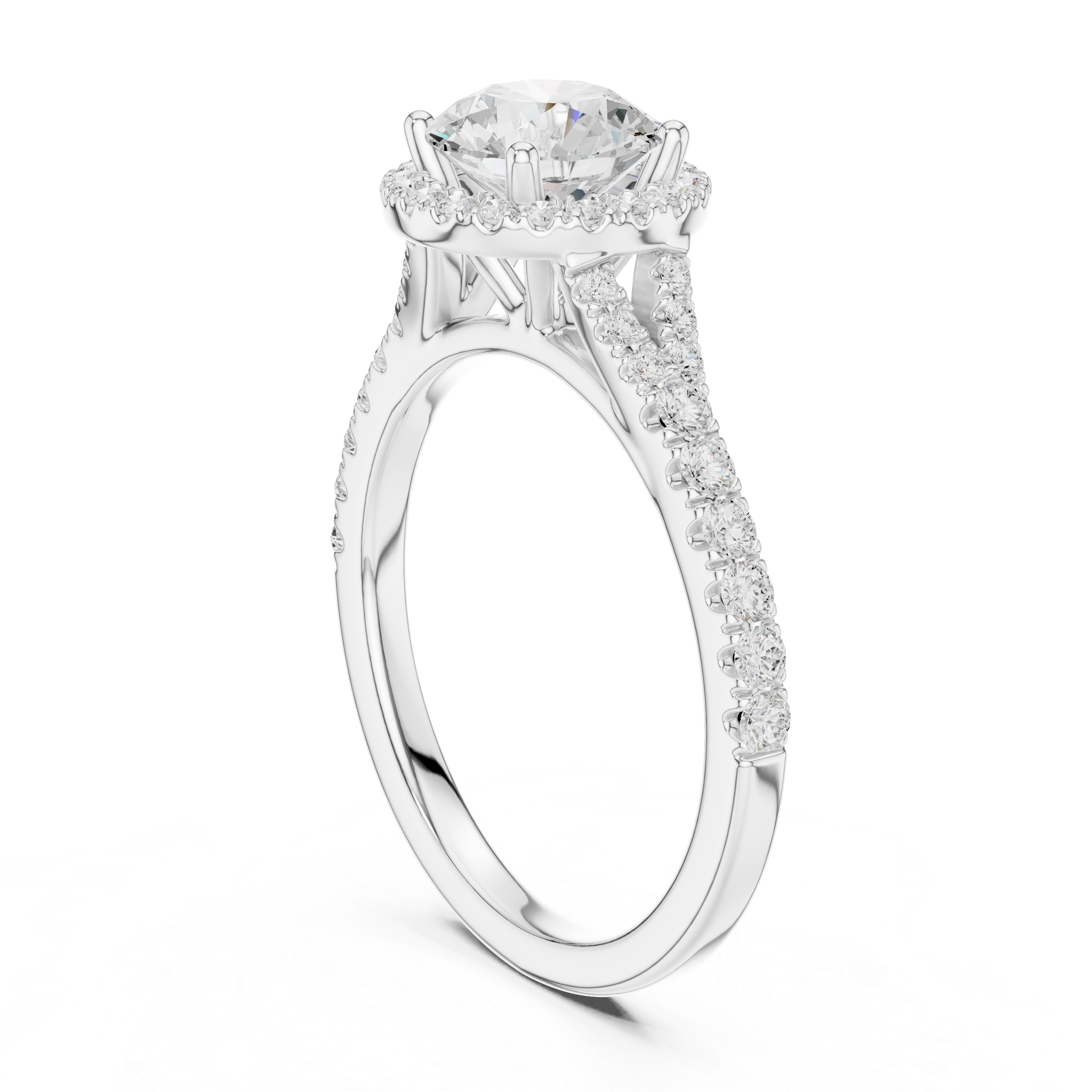 Round Cut Halo Diamond Ring – Pavé Band Timeless Brilliance